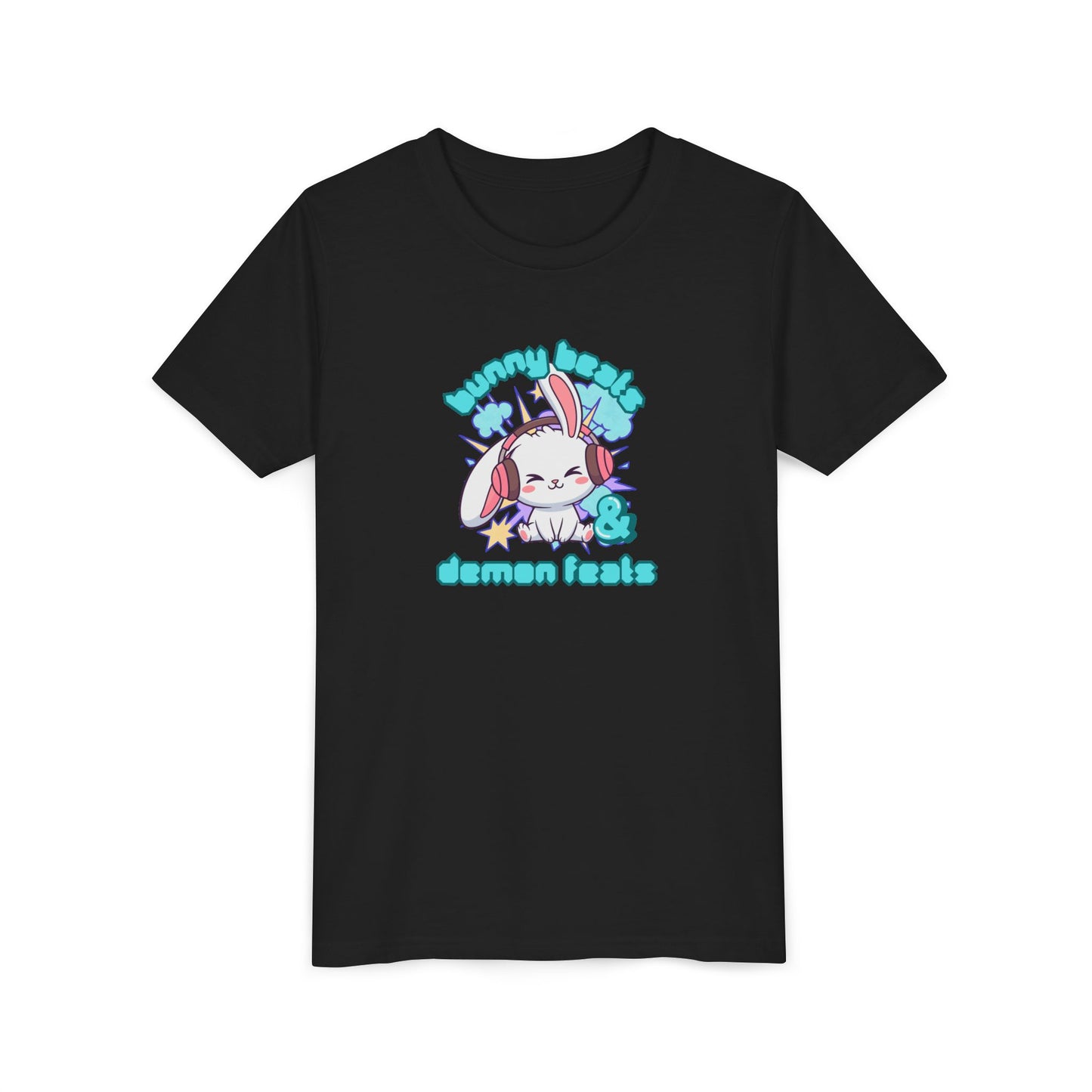 Cute Easter Bunny Headphones Graphic Tee for Young Adults- "Bunny Beats and Demon Feats" Anime K-pop Shirt
