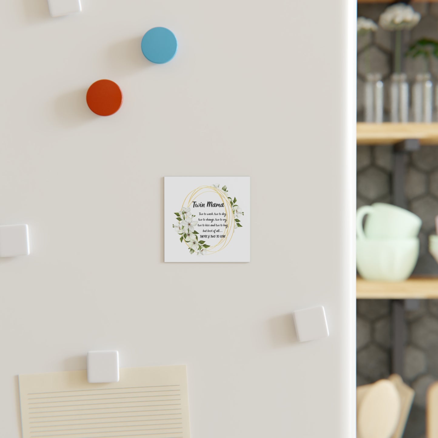 Twin Mama Square Magnet — Floral Gold Wreath Gift for Mothers of Twins