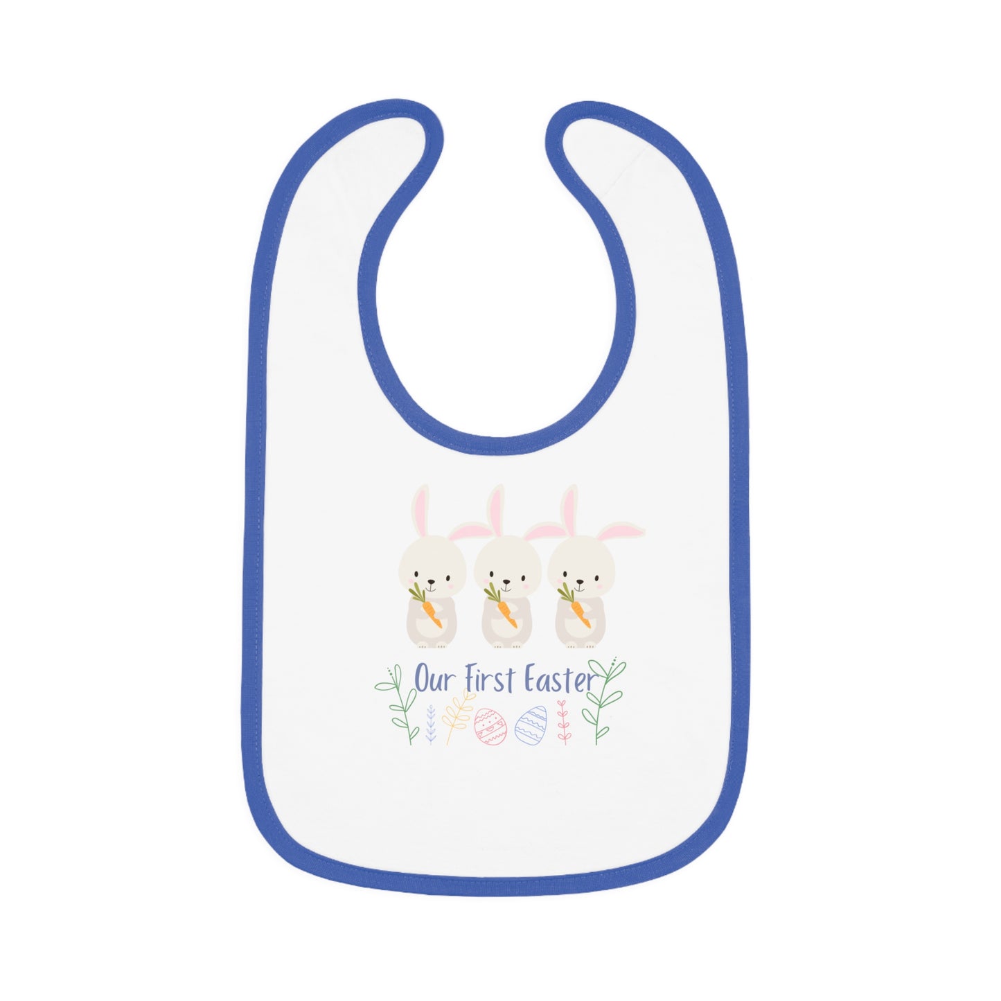 Our First Easter Triplet Baby Bib - Adorable Contrast Trim Jersey Bib for Special Celebrations