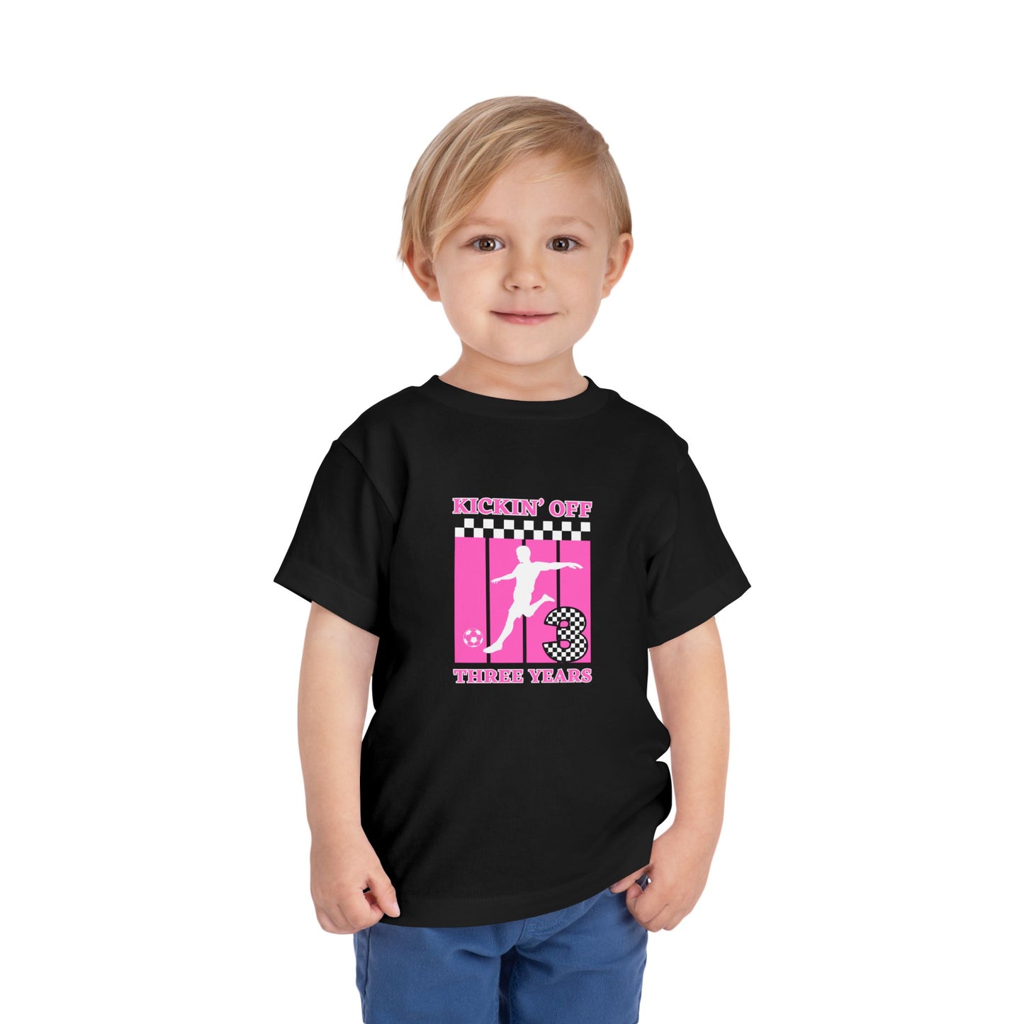 Toddler Girls Soccer Third Birthday Tee — "Kickin' Off Three Years" Pink