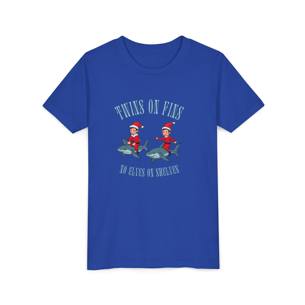Twins on Fins- Shark Graphic Shirt- Elves on Shelves Parody