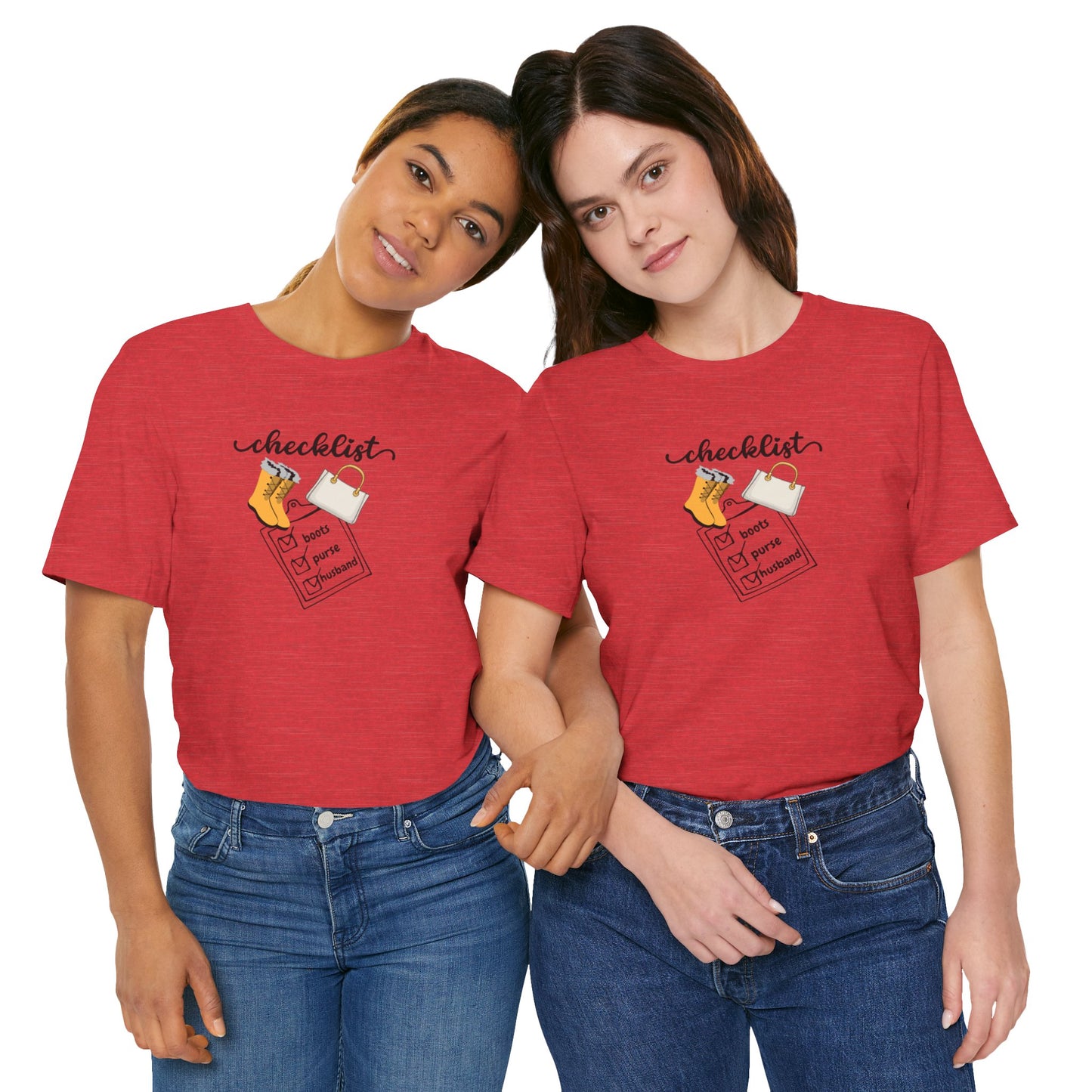 Wife Joke Checklist Tee - 'Checklist: Boots, Purse, Husband' Graphic T-Shirt Christmas Gift