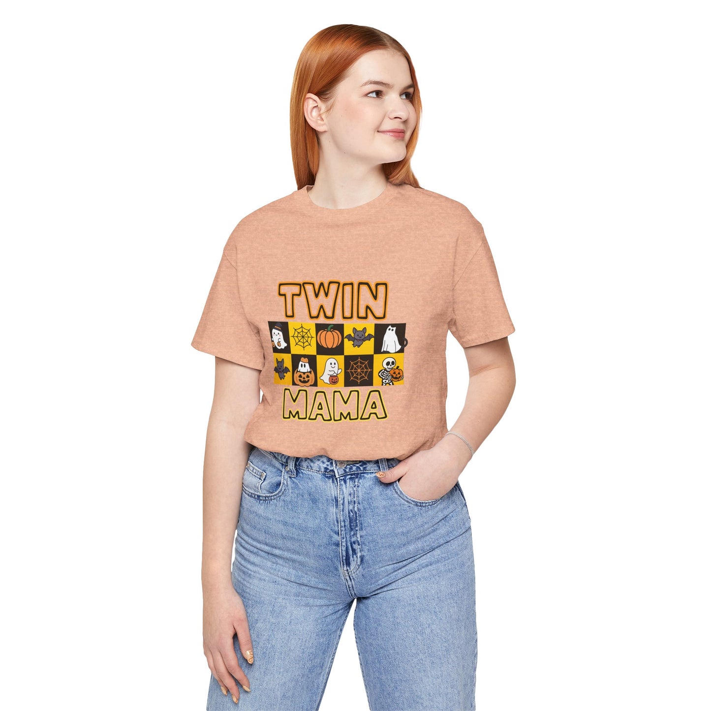Twin Mama Halloween Tee – Cute Spooky Checkerboard Shirt for Twin Moms