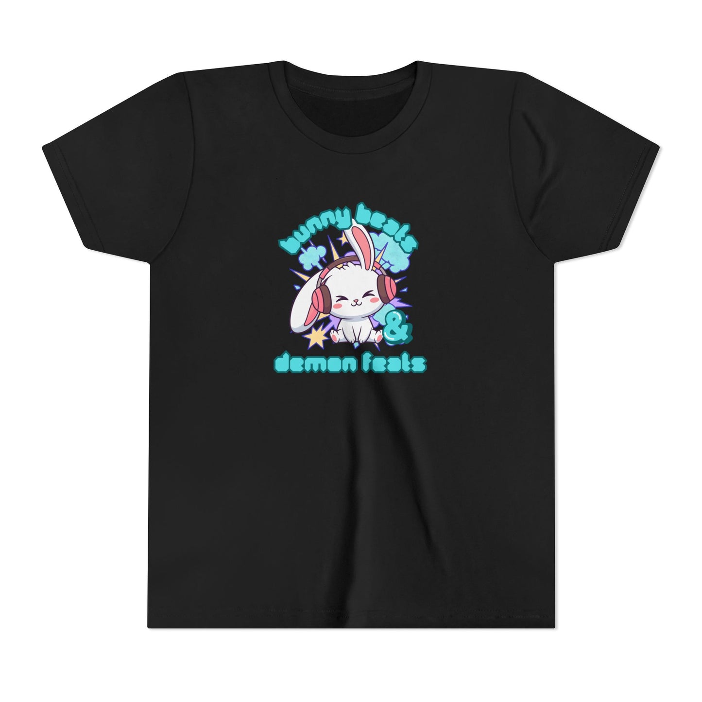 Cute Easter Bunny Headphones Graphic Tee for Young Adults- "Bunny Beats and Demon Feats" Anime K-pop Shirt