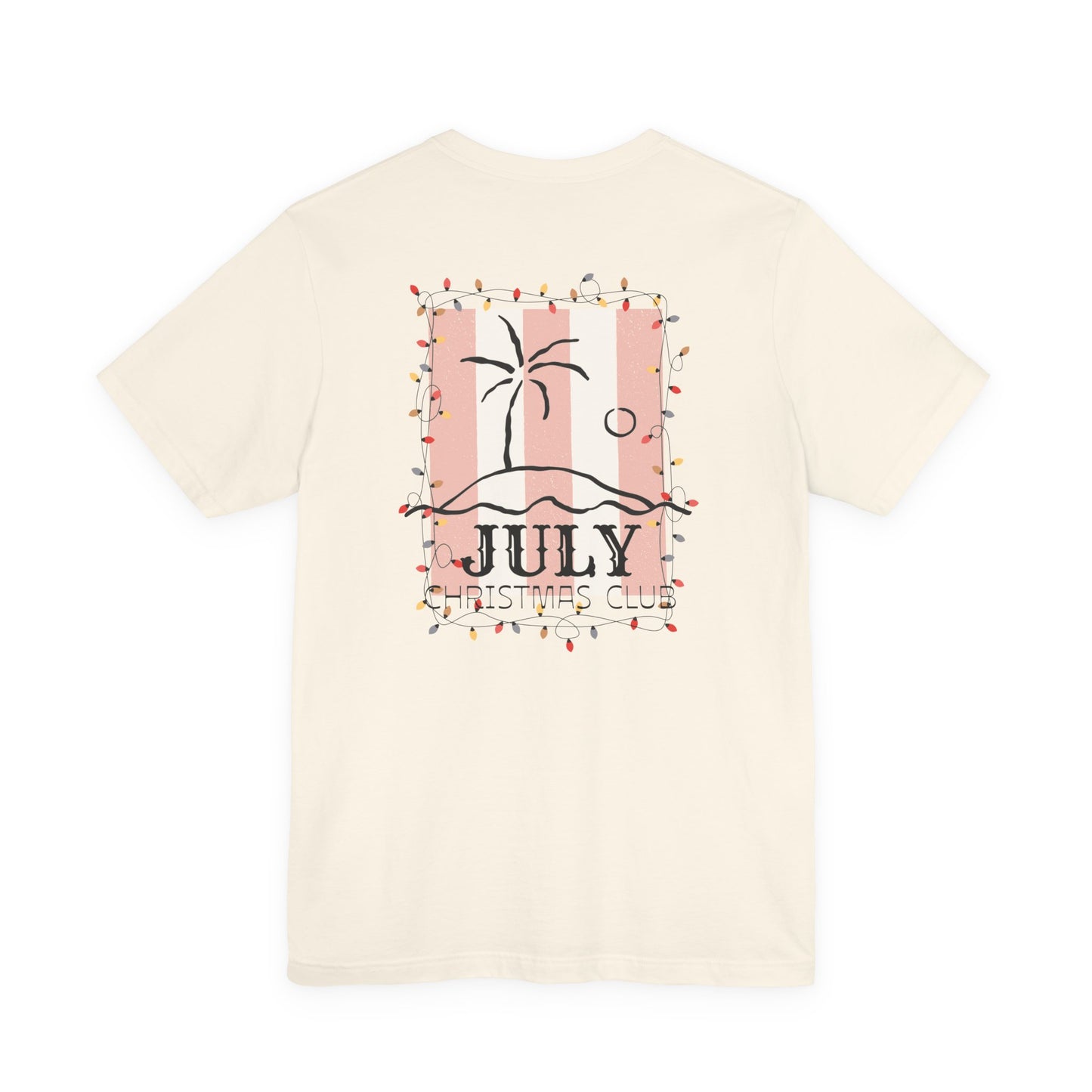 July Christmas Club — Tropical Palm & Holiday Lights Beach Shirt- FRONT AND BACK DESIGN