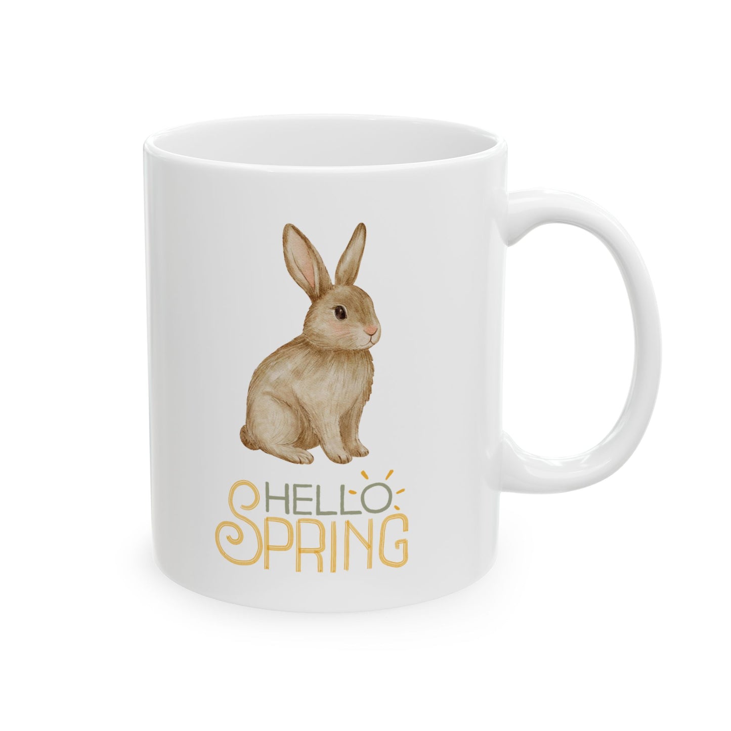 Hello Spring Bunny Ceramic Mug — Cute Watercolor Rabbit Coffee Cup