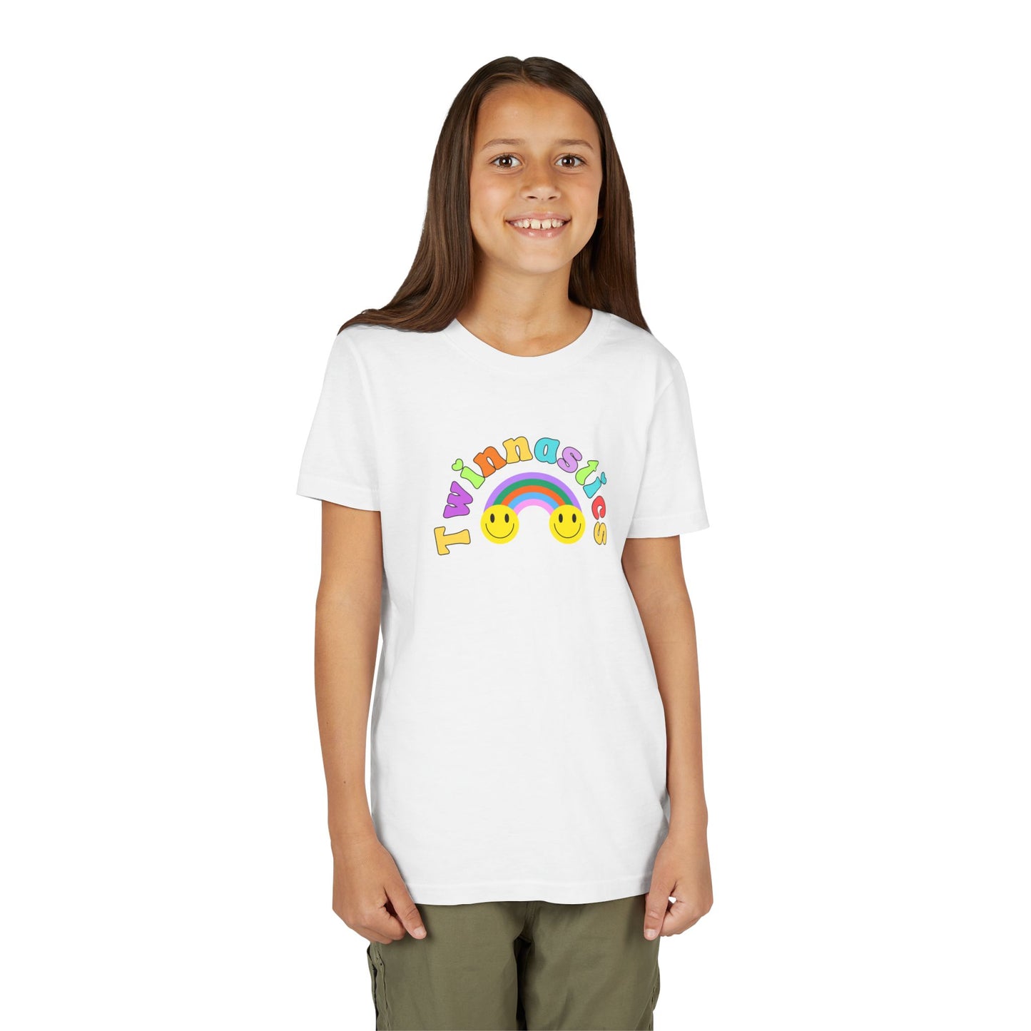 Twin Gymnastics Tee- Front and Back Retro Smiley Face Designs — 'Twinning is Winning' Rainbow