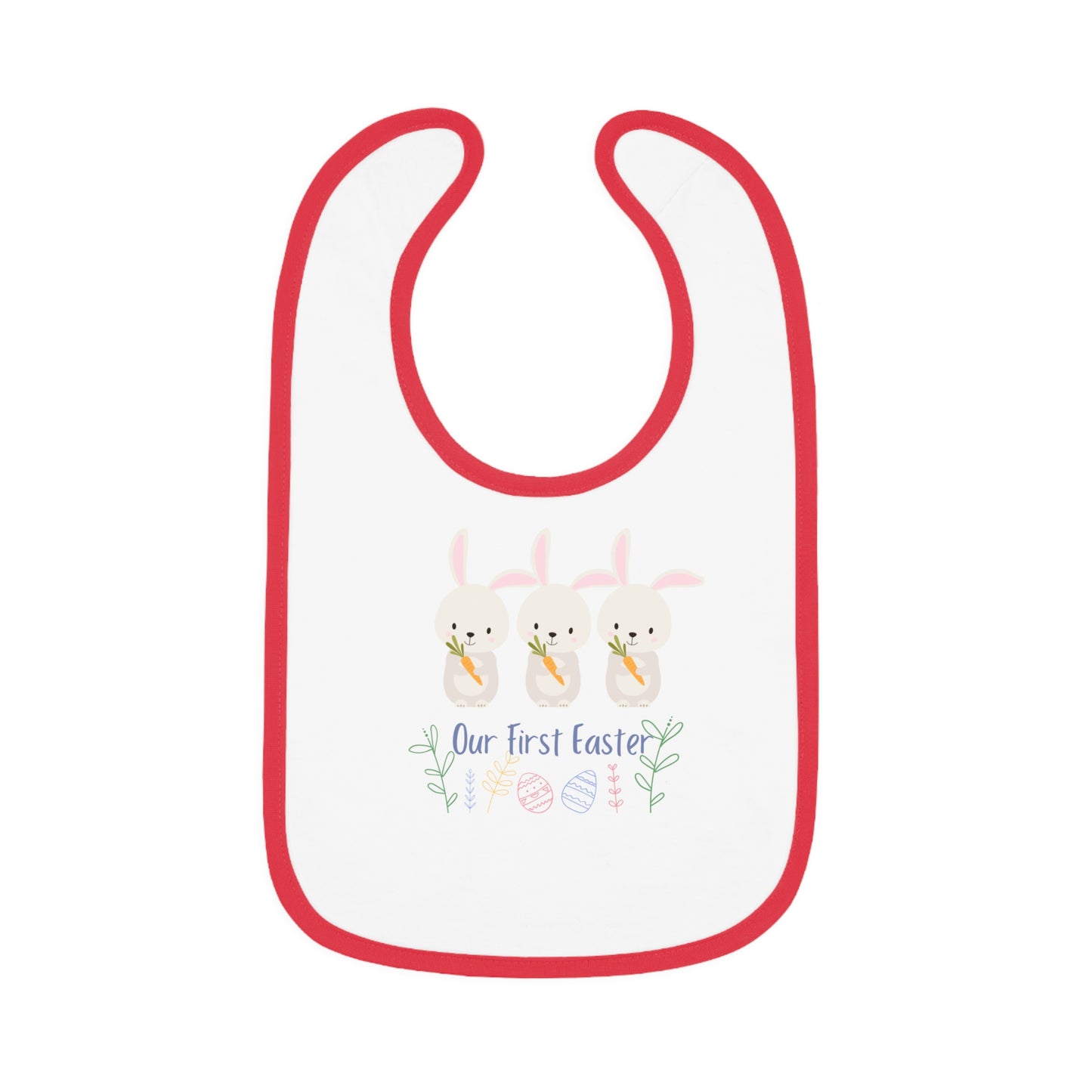 Our First Easter Triplet Baby Bib - Adorable Contrast Trim Jersey Bib for Special Celebrations