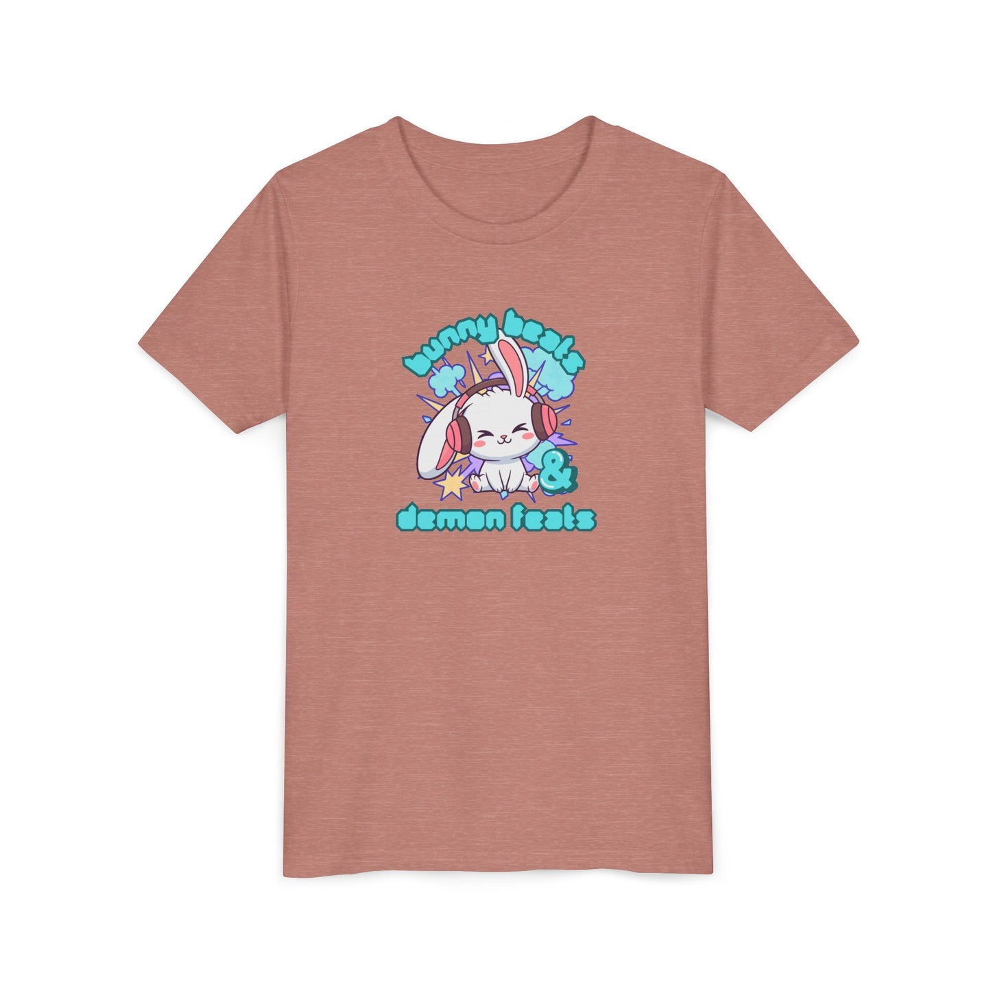 Cute Easter Bunny Headphones Graphic Tee for Young Adults- "Bunny Beats and Demon Feats" Anime K-pop Shirt