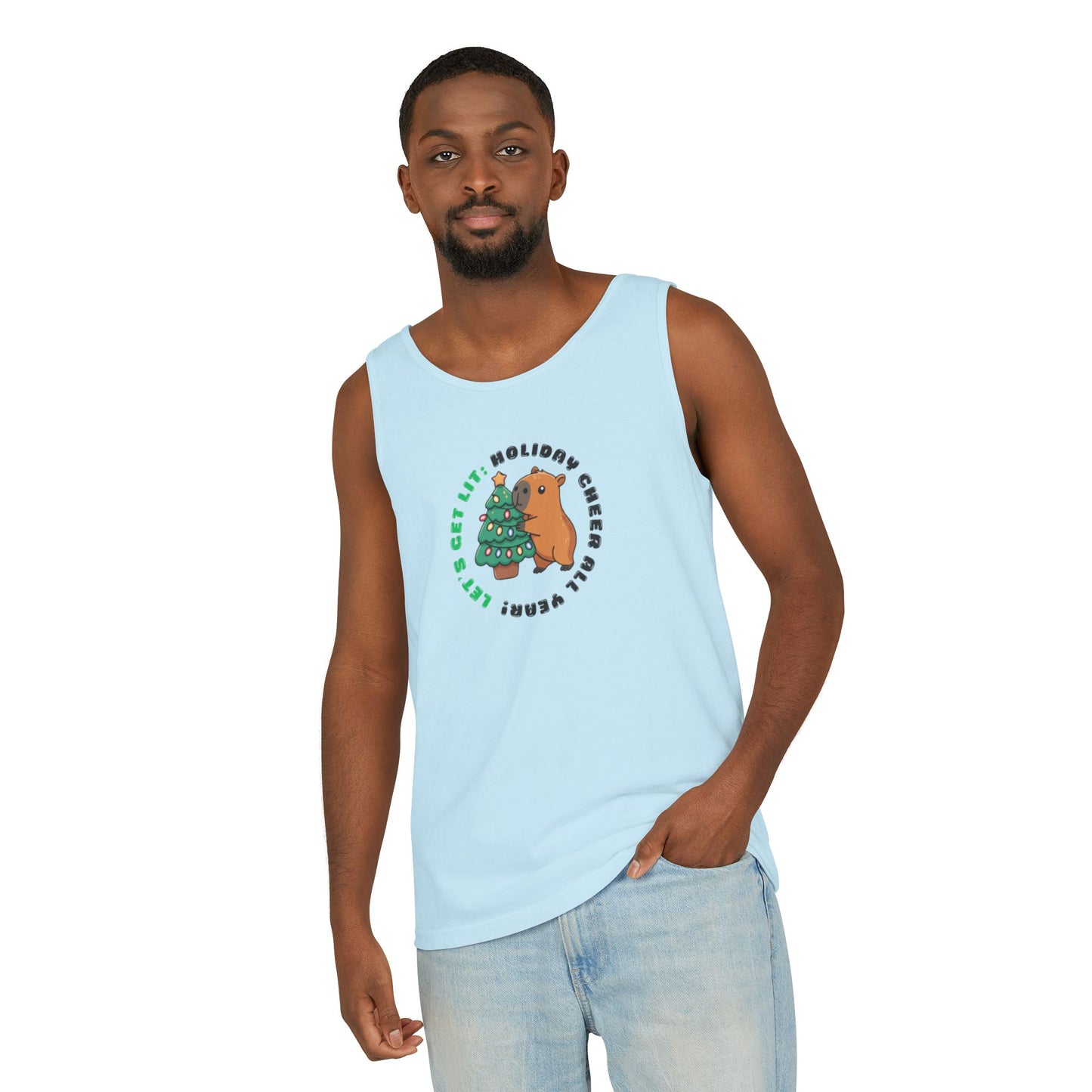 Unisex Holiday Cheer Tank Top — "Get Lit" Christmas Tree & Capybara Graphic