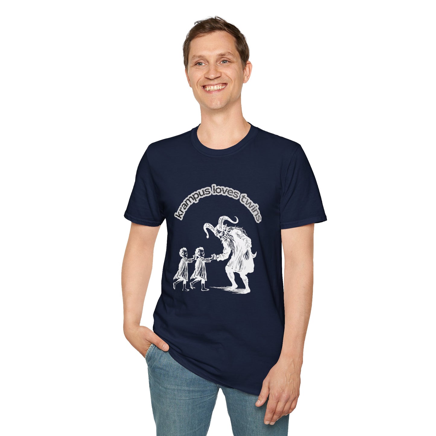 Krampus Loves Twins- Horror Theme Twin Parent Shirt — Funny Gothic Holiday Tee