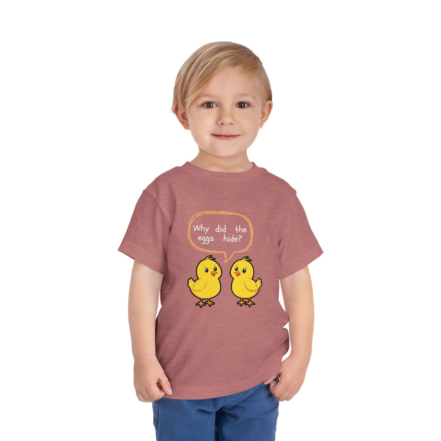 Toddler Tee — Cute Chick Joke “Why did the eggs hide?” Easter Kids Shirt