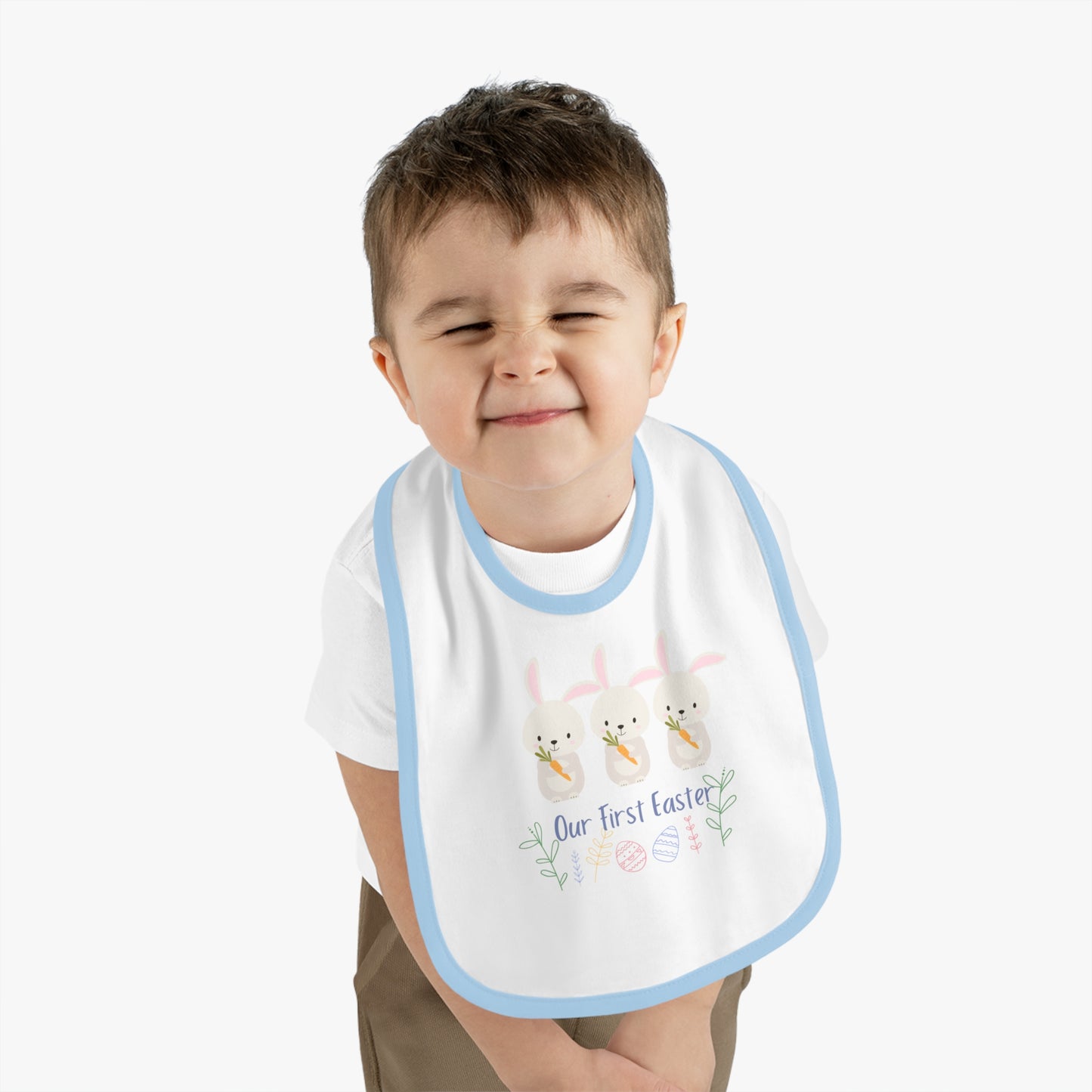 Our First Easter Triplet Baby Bib - Adorable Contrast Trim Jersey Bib for Special Celebrations