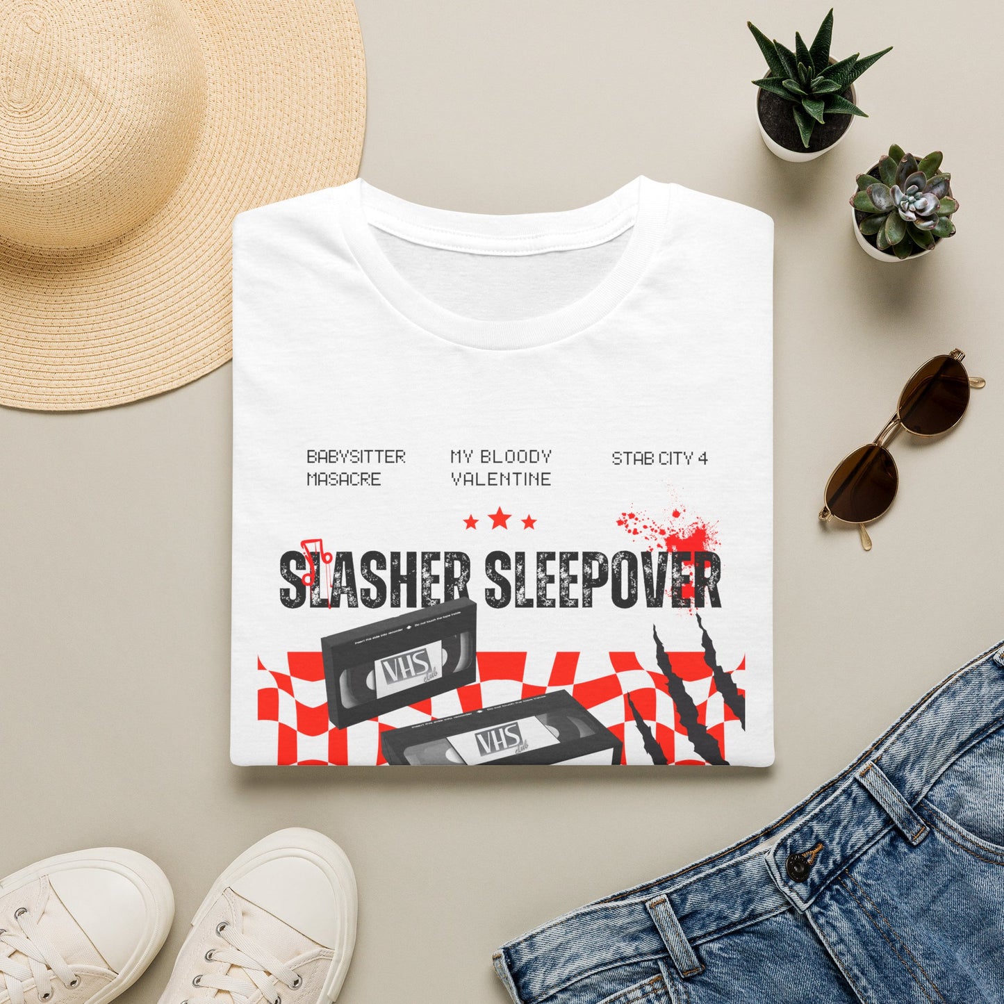 Slasher Sleepover Horror Movie Tee — Retro VHS Blood Splatter Design