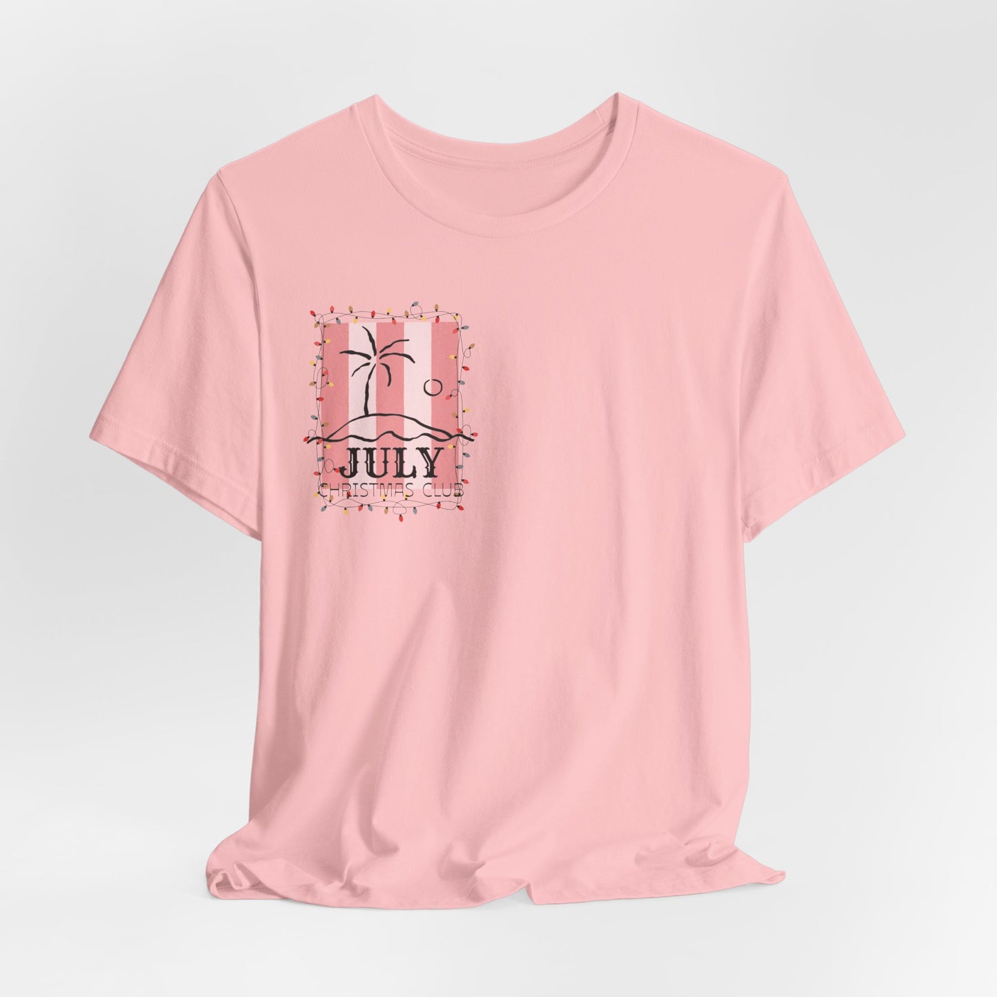 July Christmas Club — Tropical Palm & Holiday Lights Beach Shirt- FRONT AND BACK DESIGN