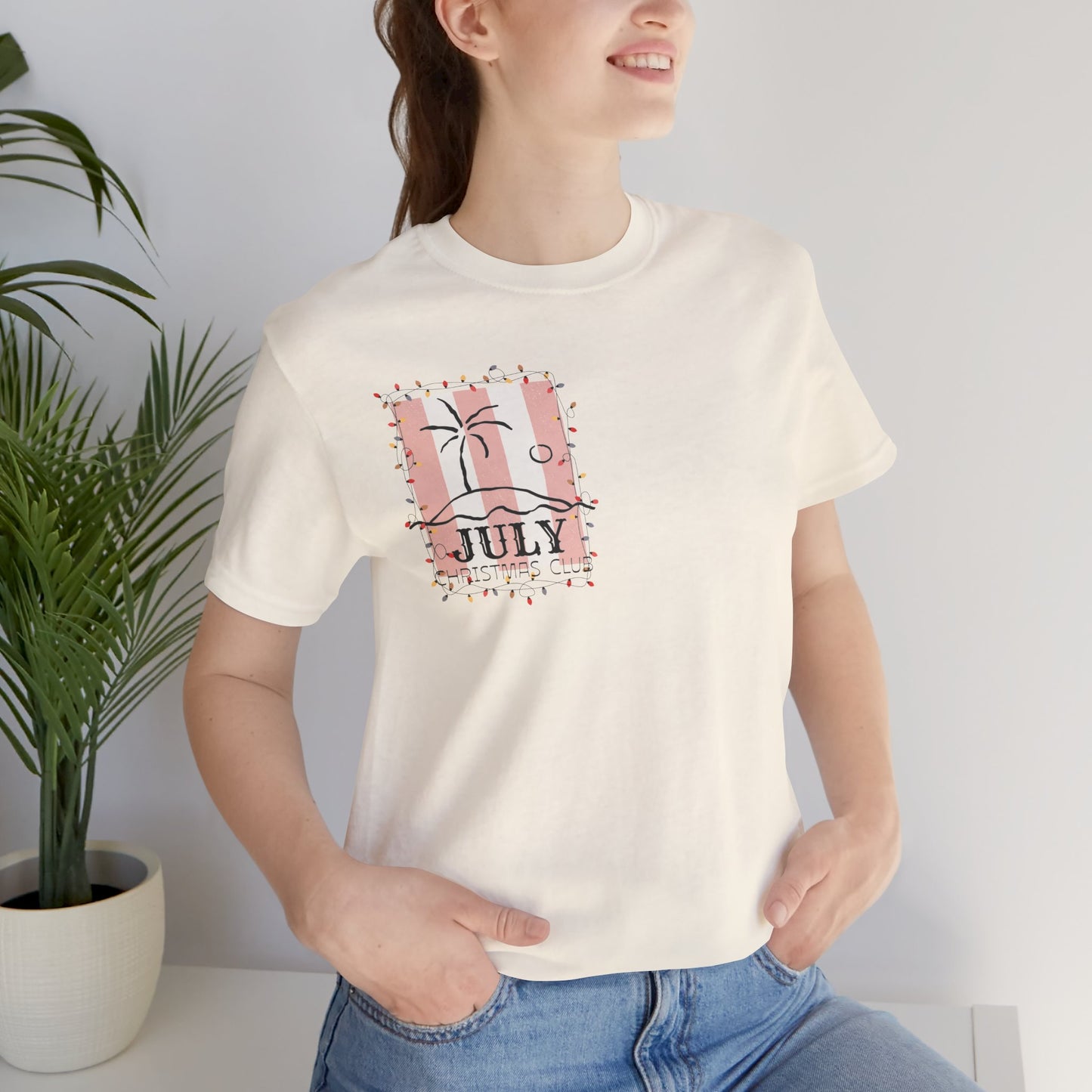July Christmas Club — Tropical Palm & Holiday Lights Beach Shirt- FRONT AND BACK DESIGN