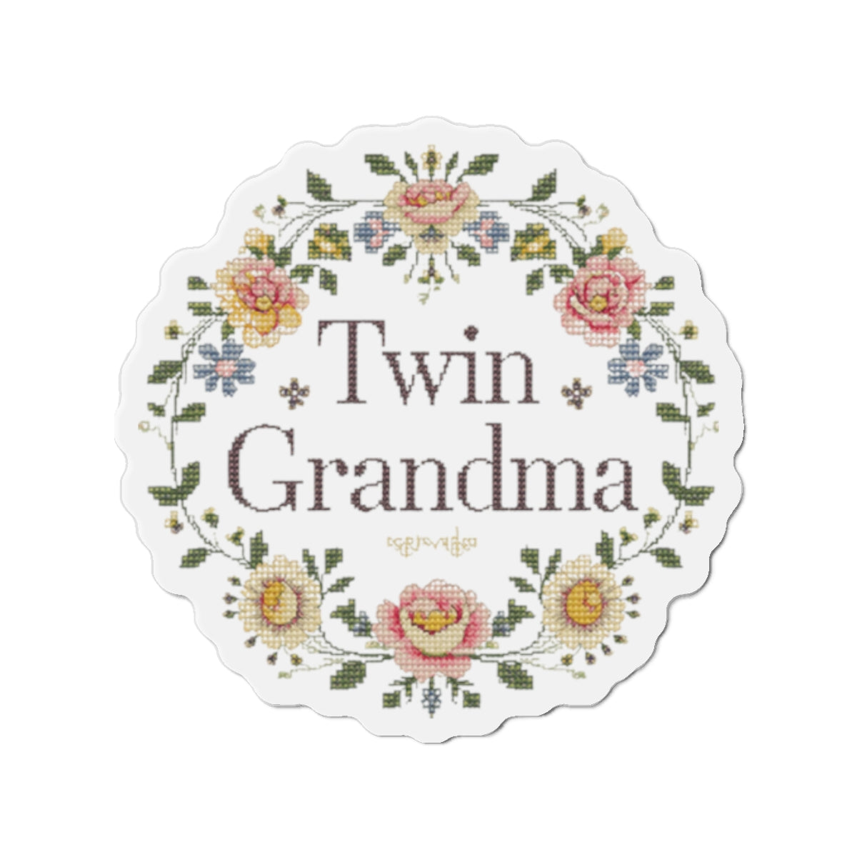 Twin Grandma- Floral Embroidery Style- Die-Cut Magnet — Vintage Rose Refrigerator Magnet