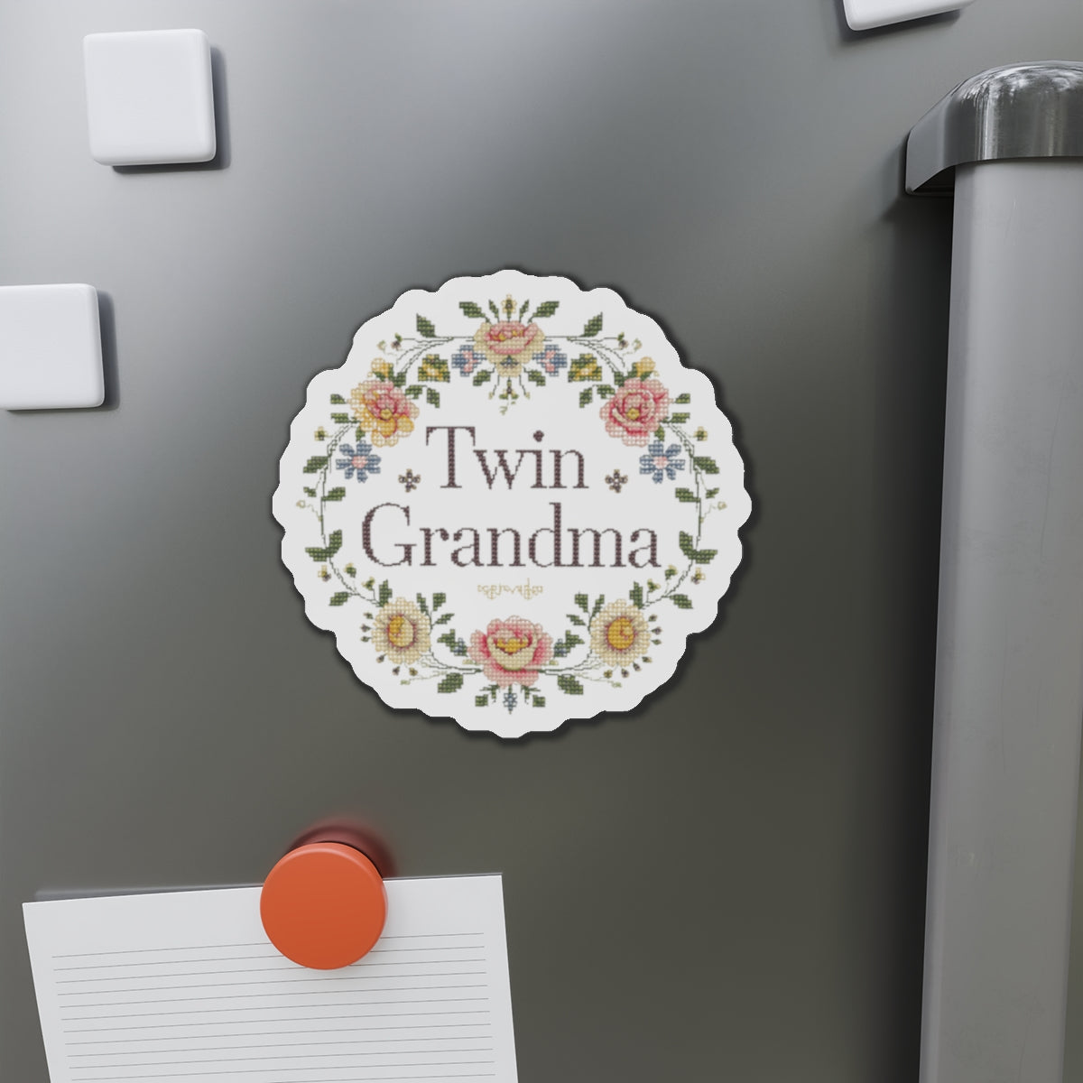 Twin Grandma- Floral Embroidery Style- Die-Cut Magnet — Vintage Rose Refrigerator Magnet