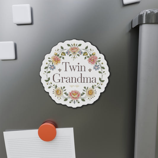 Twin Grandma- Floral Embroidery Style- Die-Cut Magnet — Vintage Rose Refrigerator Magnet