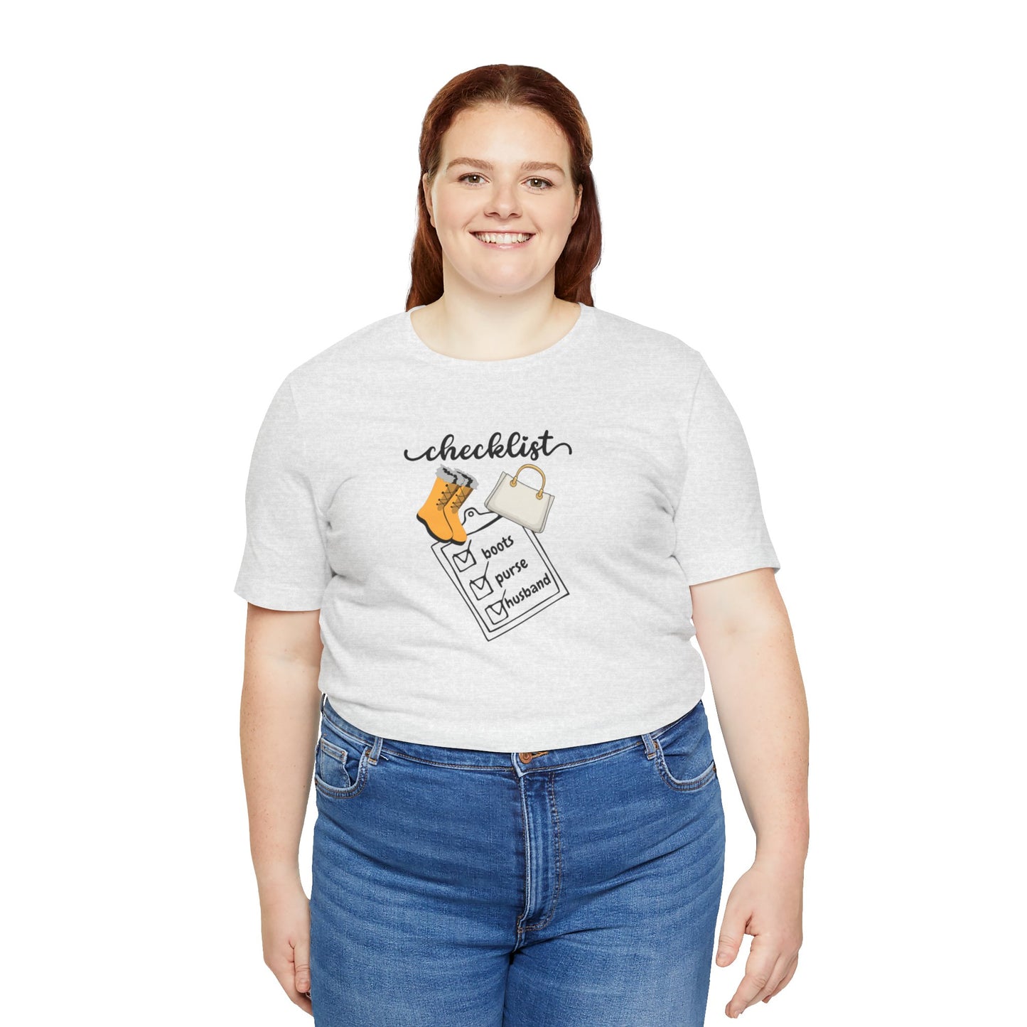 Wife Joke Checklist Tee - 'Checklist: Boots, Purse, Husband' Graphic T-Shirt Christmas Gift