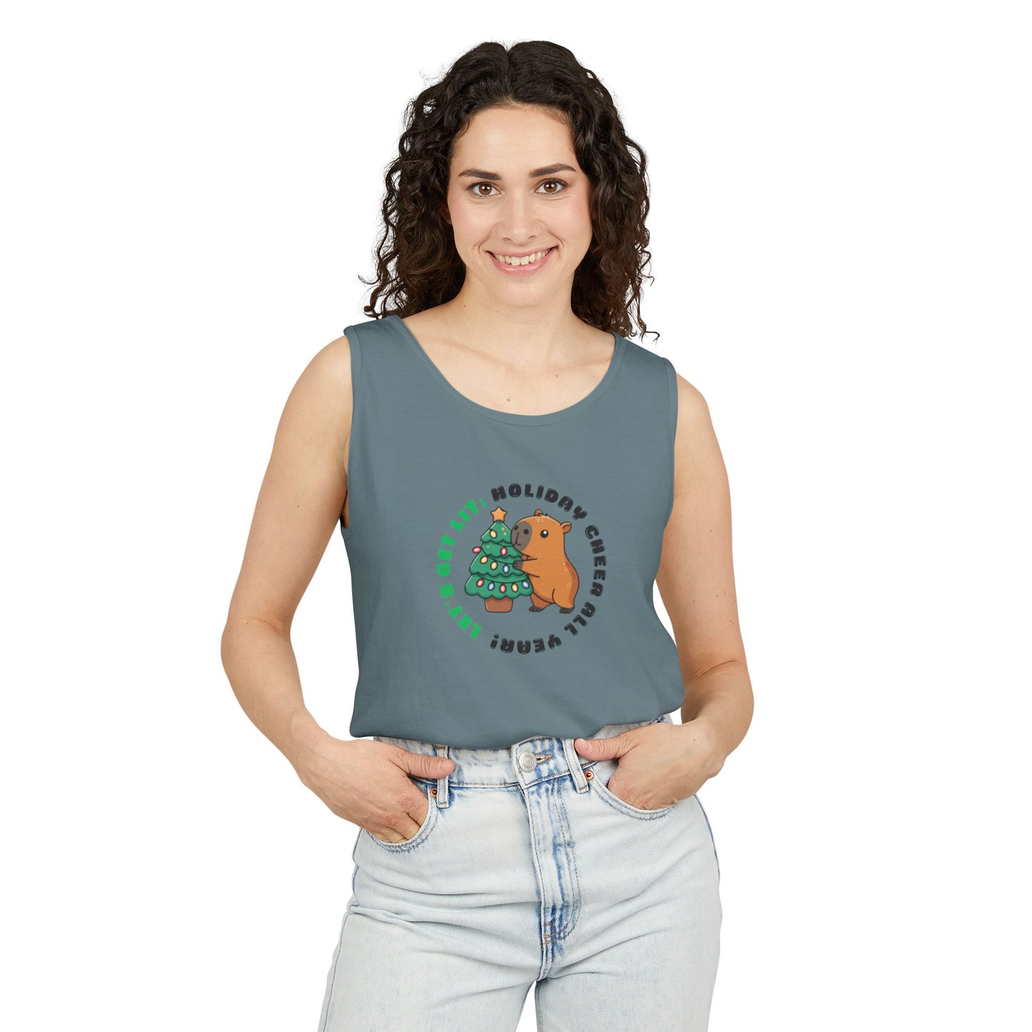 Unisex Holiday Cheer Tank Top — "Get Lit" Christmas Tree & Capybara Graphic