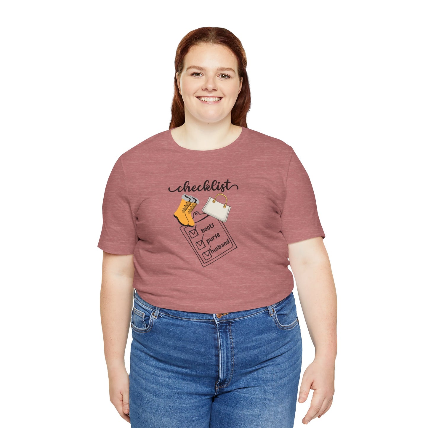 Wife Joke Checklist Tee - 'Checklist: Boots, Purse, Husband' Graphic T-Shirt Christmas Gift