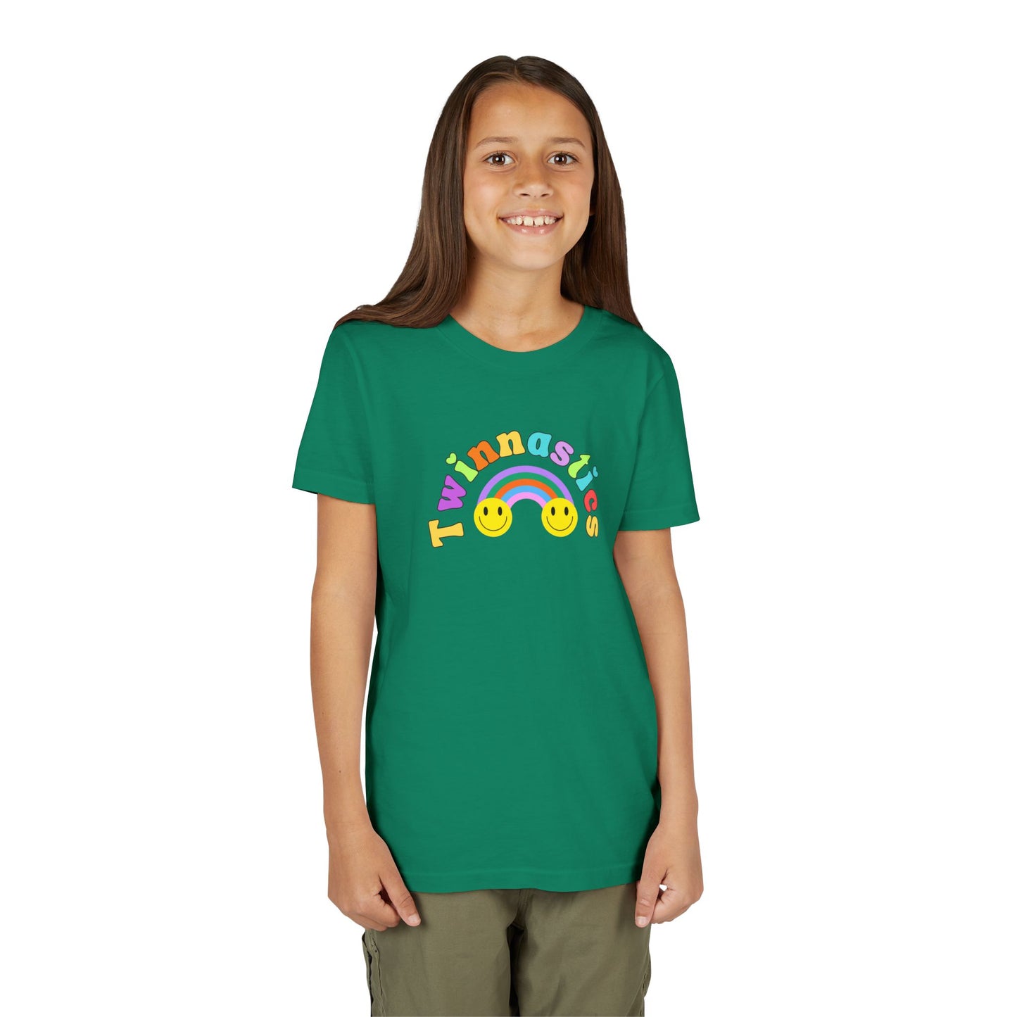 Twin Gymnastics Tee- Front and Back Retro Smiley Face Designs — 'Twinning is Winning' Rainbow