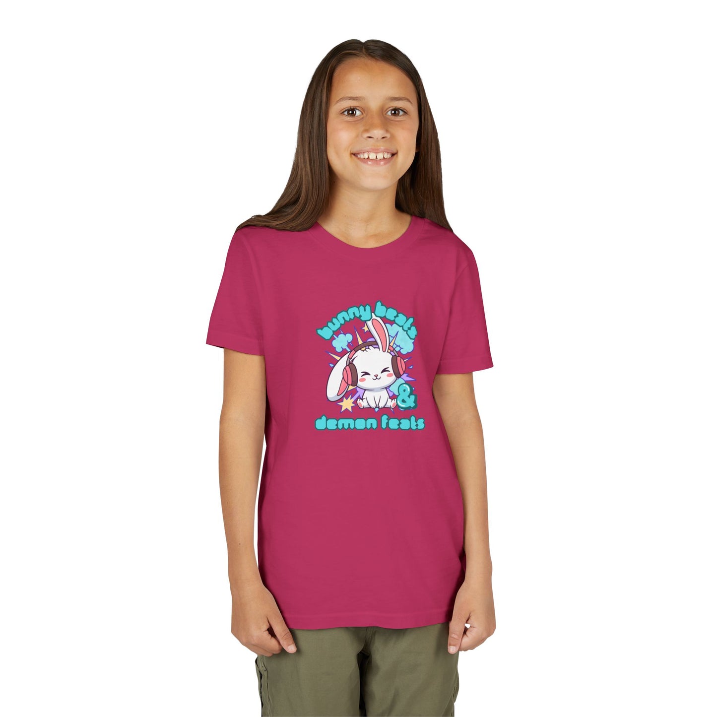 Cute Easter Bunny Headphones Graphic Tee for Young Adults- "Bunny Beats and Demon Feats" Anime K-pop Shirt