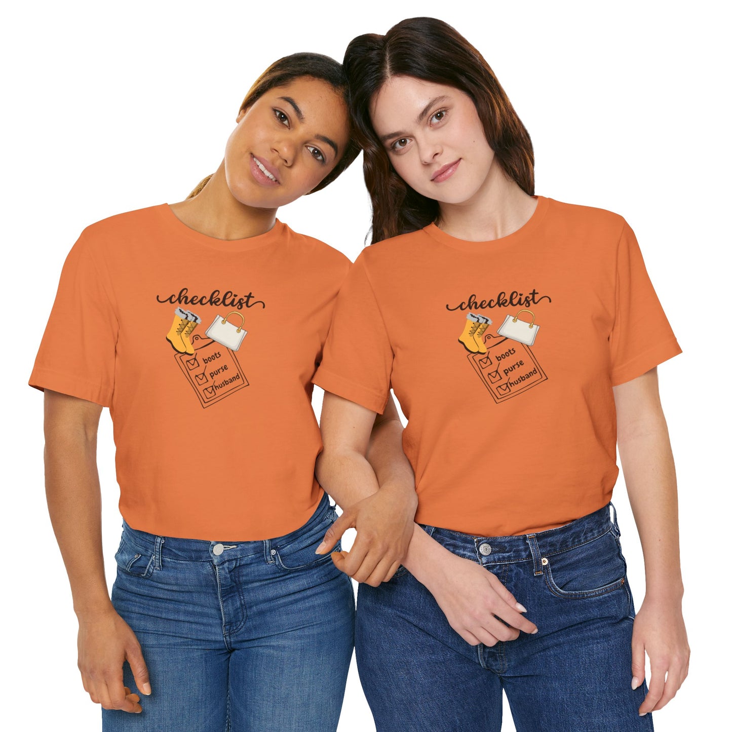 Wife Joke Checklist Tee - 'Checklist: Boots, Purse, Husband' Graphic T-Shirt Christmas Gift