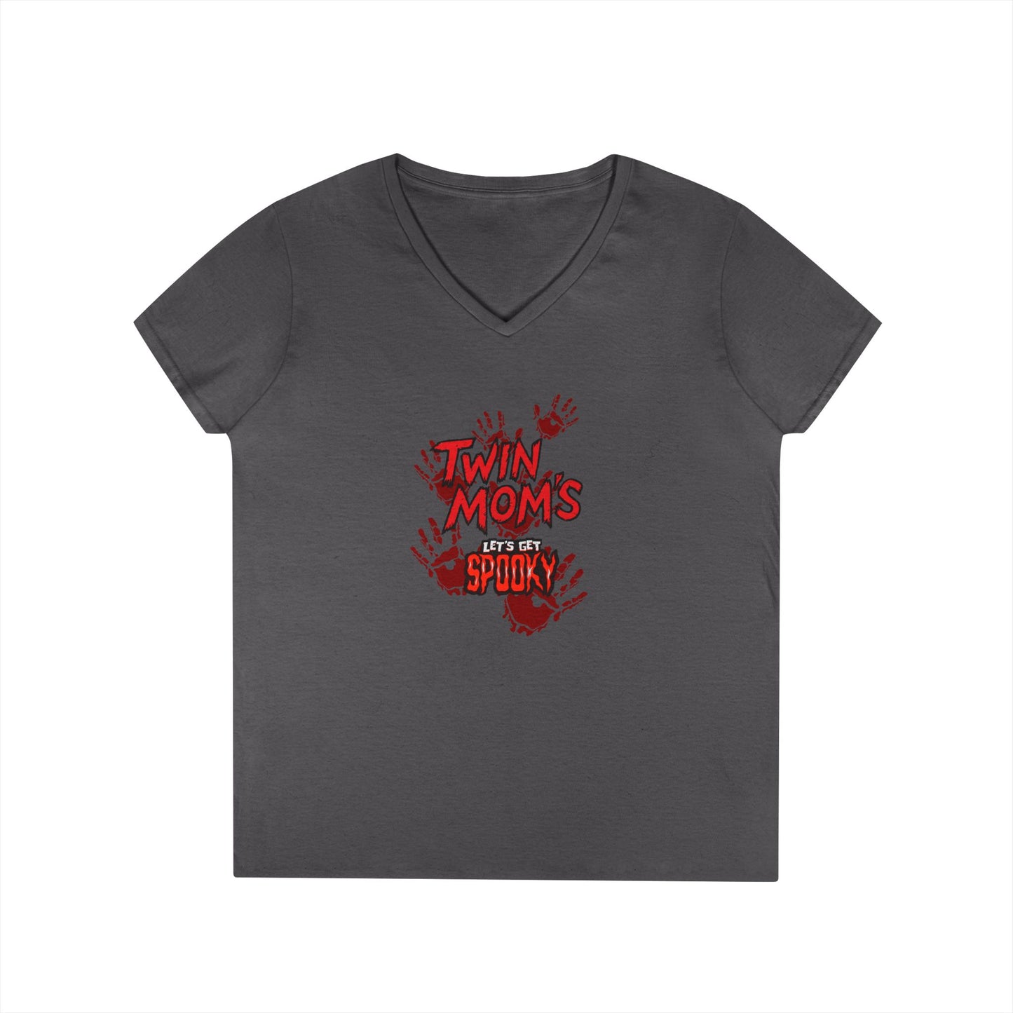 Twin Moms Get Spooky V-Neck Tee — Halloween Graphic T-Shirt for Twin Moms