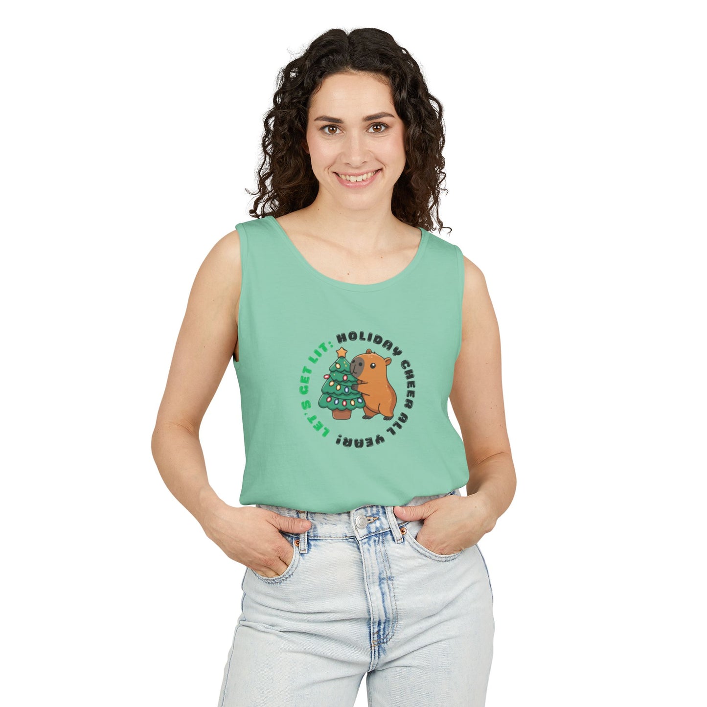 Unisex Holiday Cheer Tank Top — "Get Lit" Christmas Tree & Capybara Graphic