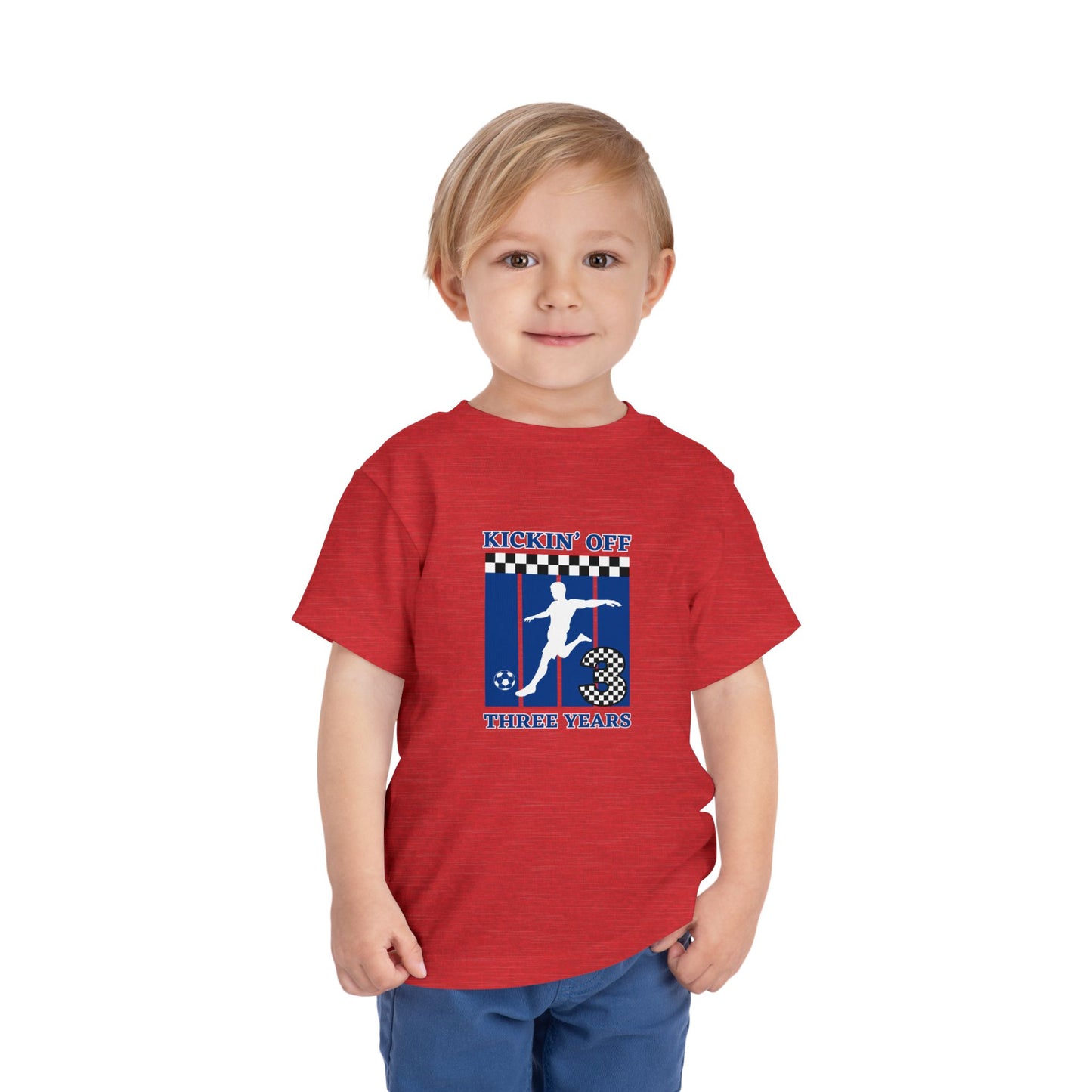 Kickin' Off Three Years Toddler Boy Tee — Soccer Third Birthday Shirt