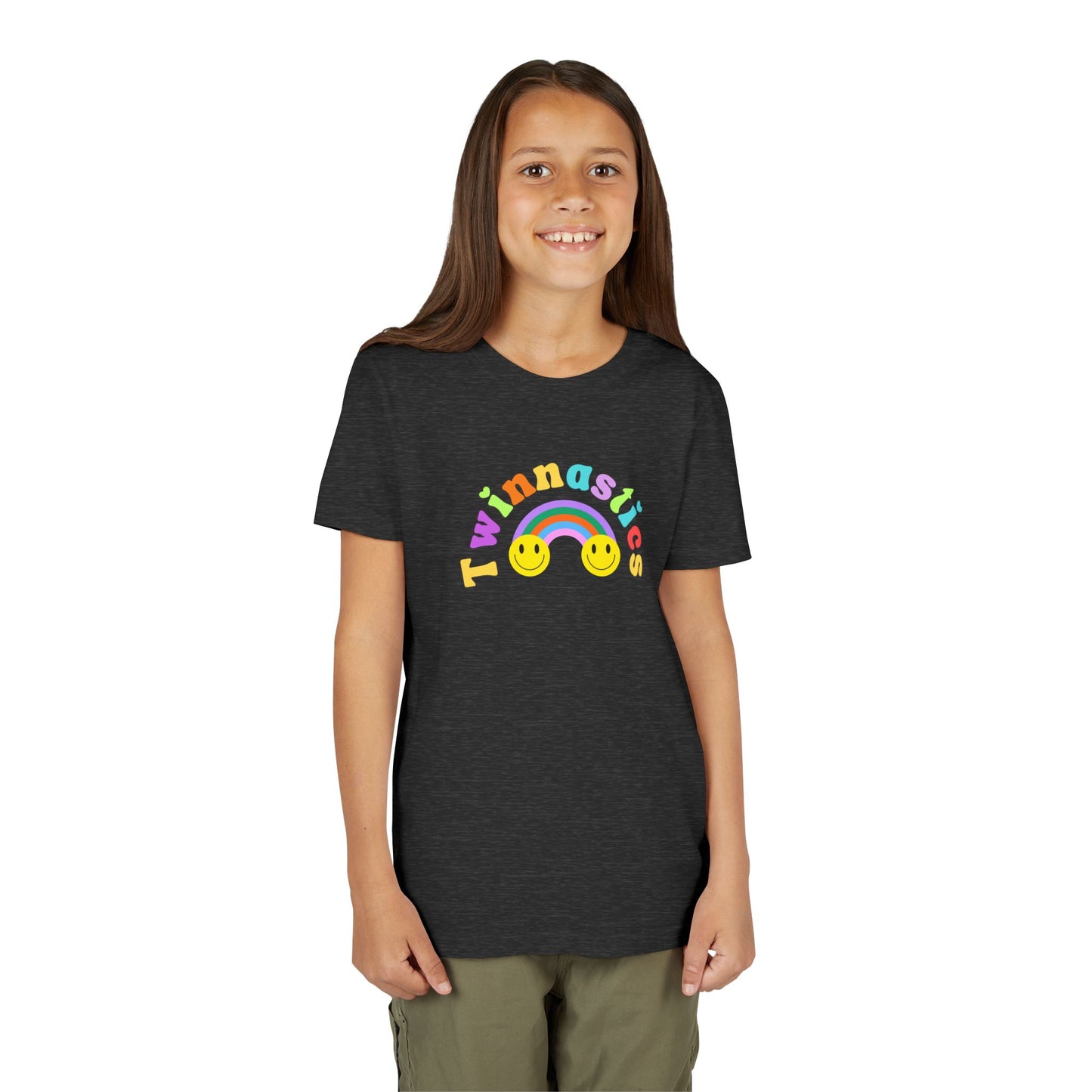 Twin Gymnastics Tee- Front and Back Retro Smiley Face Designs — 'Twinning is Winning' Rainbow