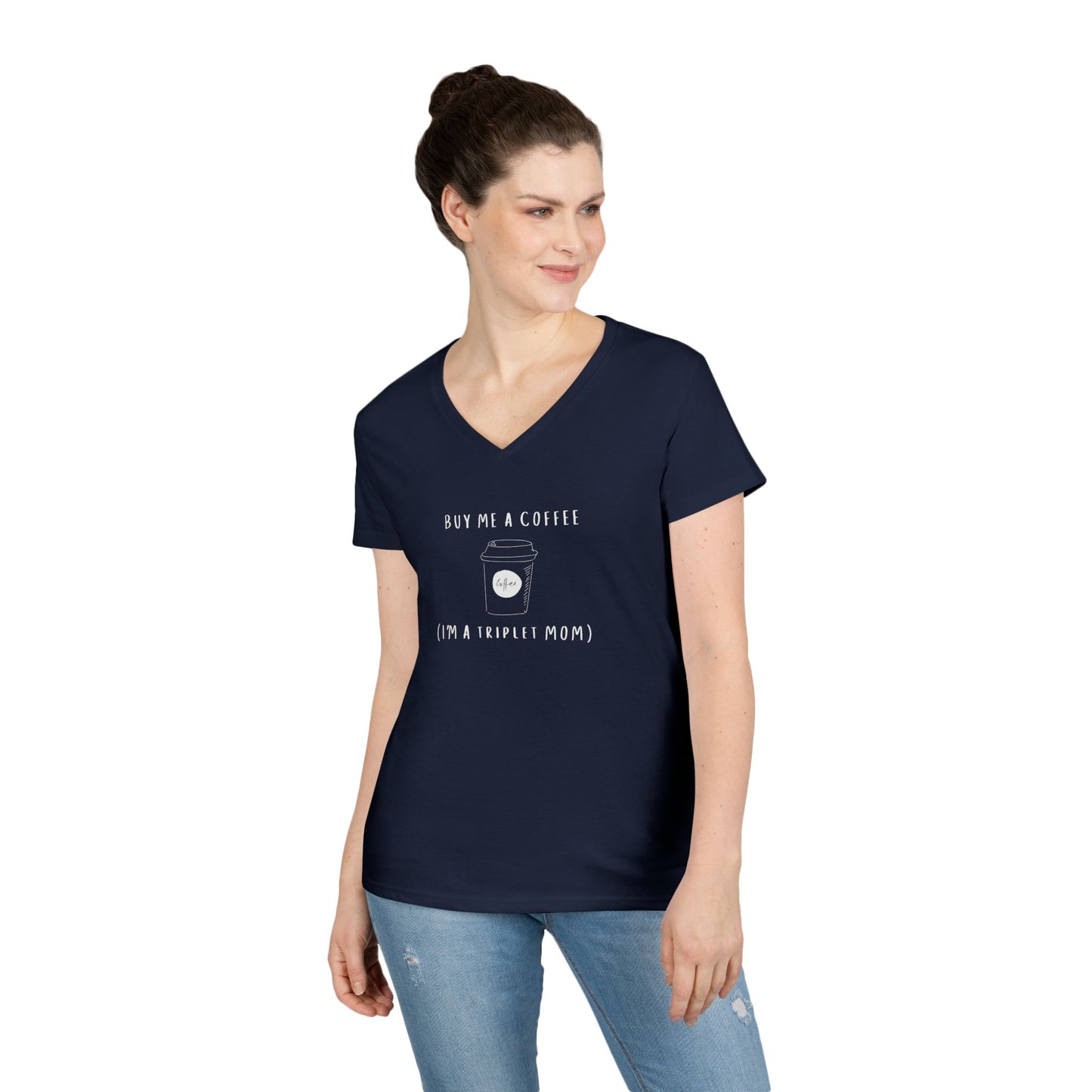 Triplet Mom Outfit- V-Neck T-Shirt - Buy Me a Coffee, I'm a triplet mom- funny t-shirt