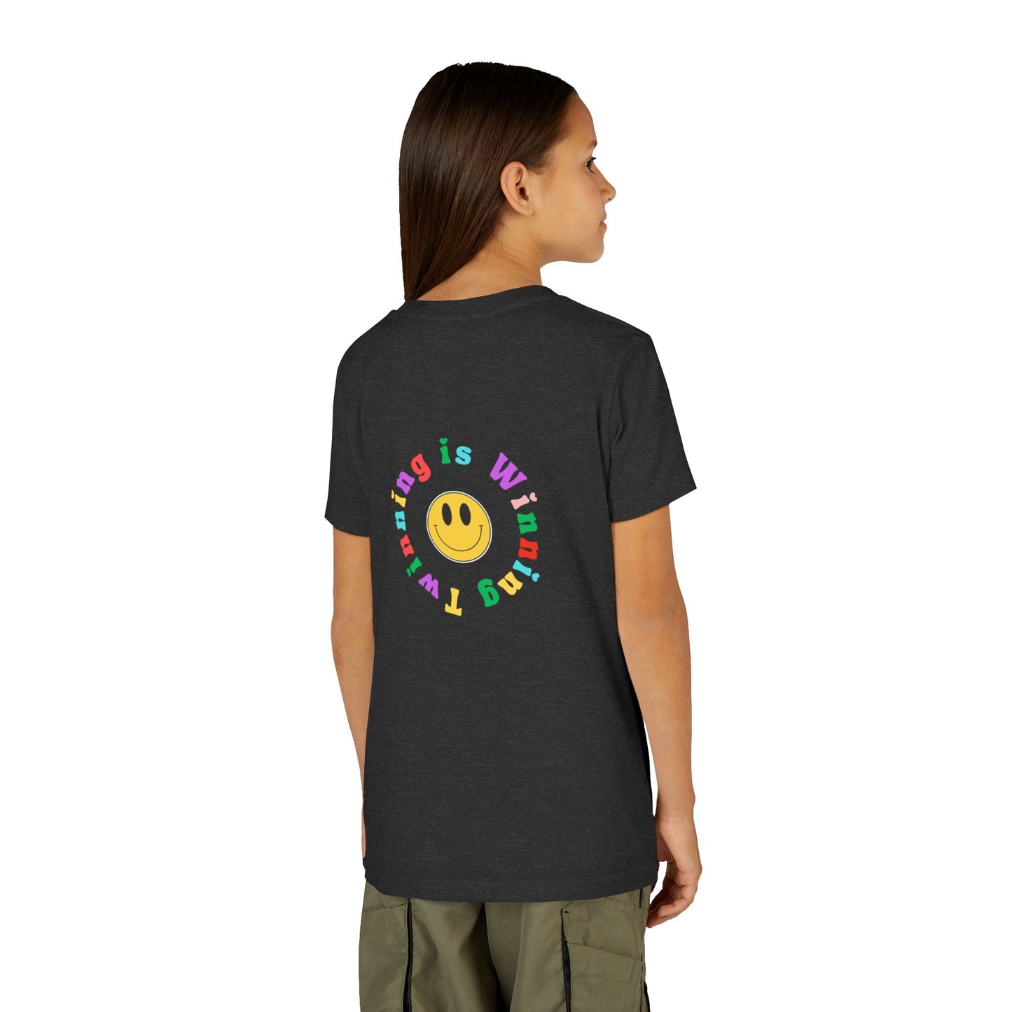 Twin Gymnastics Tee- Front and Back Retro Smiley Face Designs — 'Twinning is Winning' Rainbow