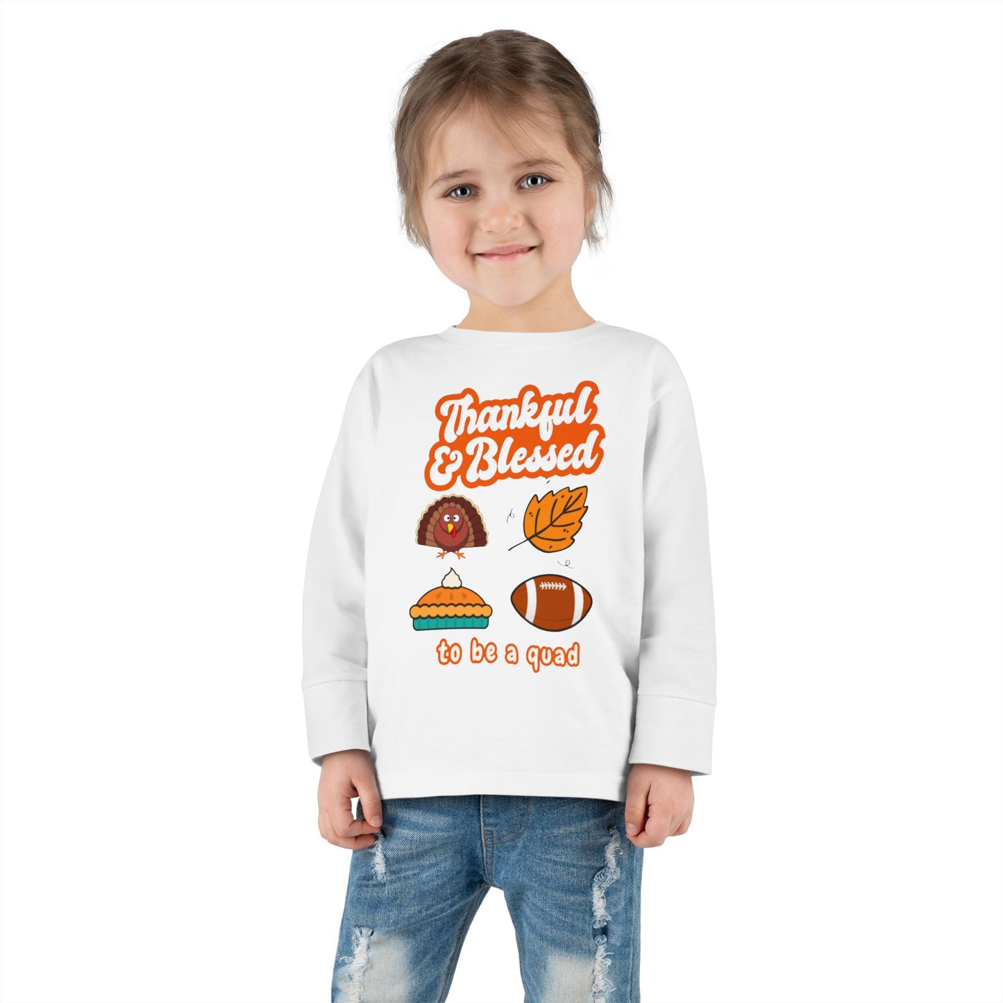 Quadruplet Long Sleeve Tee — "Thankful & Blessed" Thanksgiving Turkey Football Pie Fall Shirt