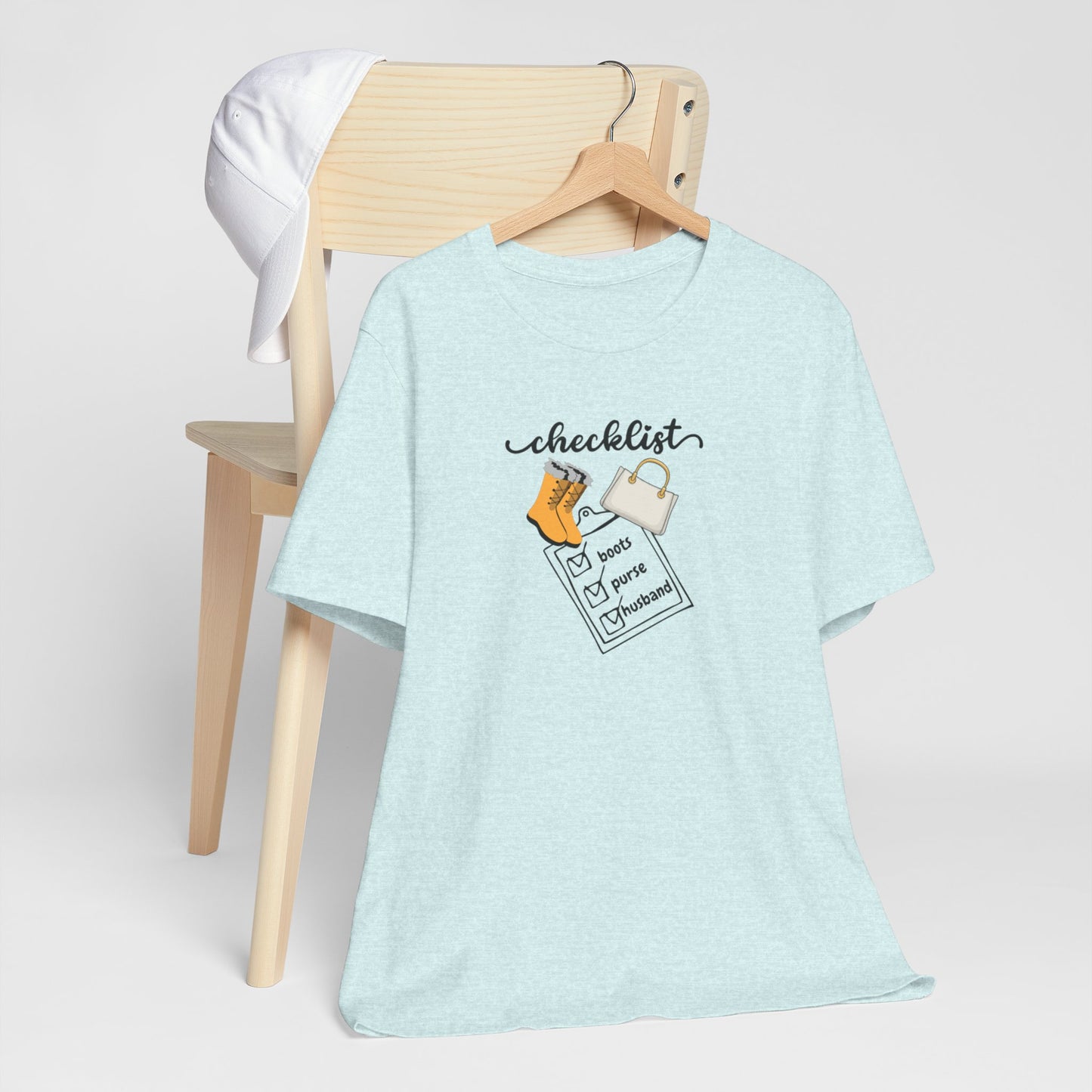 Wife Joke Checklist Tee - 'Checklist: Boots, Purse, Husband' Graphic T-Shirt Christmas Gift