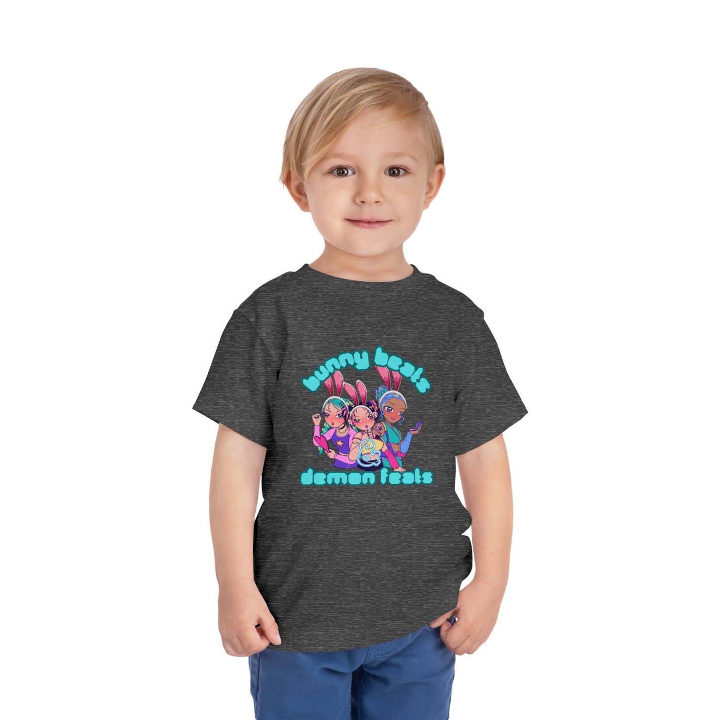 Kids 2-5 years K-Pop Anime Easter Tee - "bunny beats and demon feats" slogan
