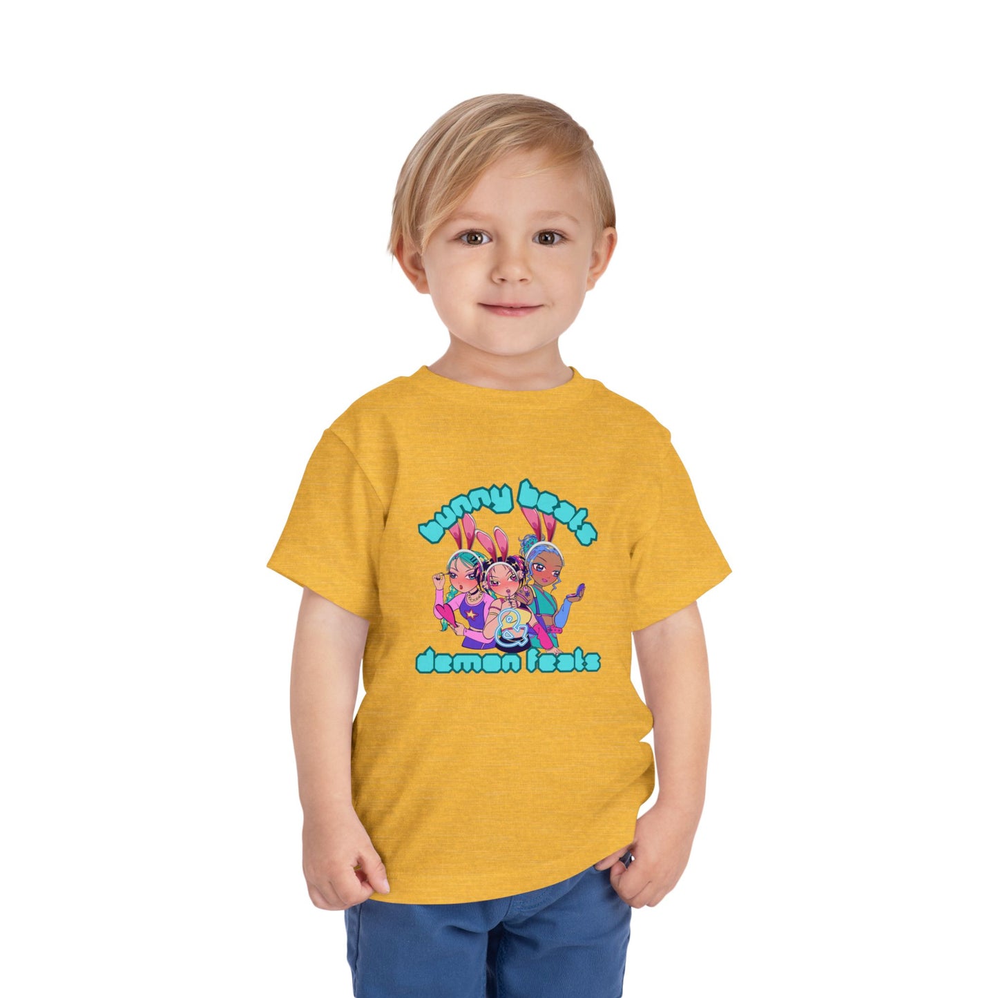 Kids 2-5 years K-Pop Anime Easter Tee - "bunny beats and demon feats" slogan