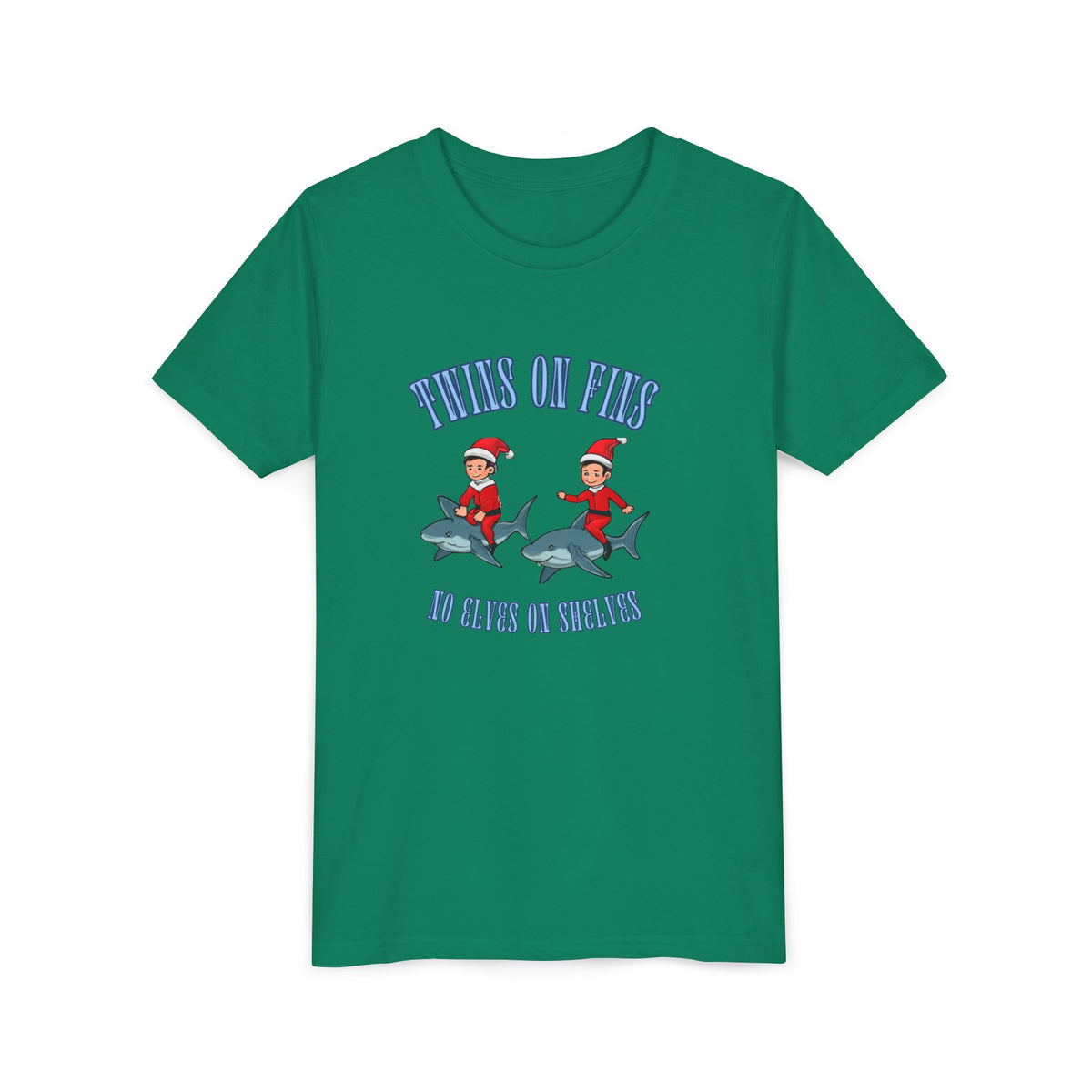 Twins on Fins- Shark Graphic Shirt- Elves on Shelves Parody