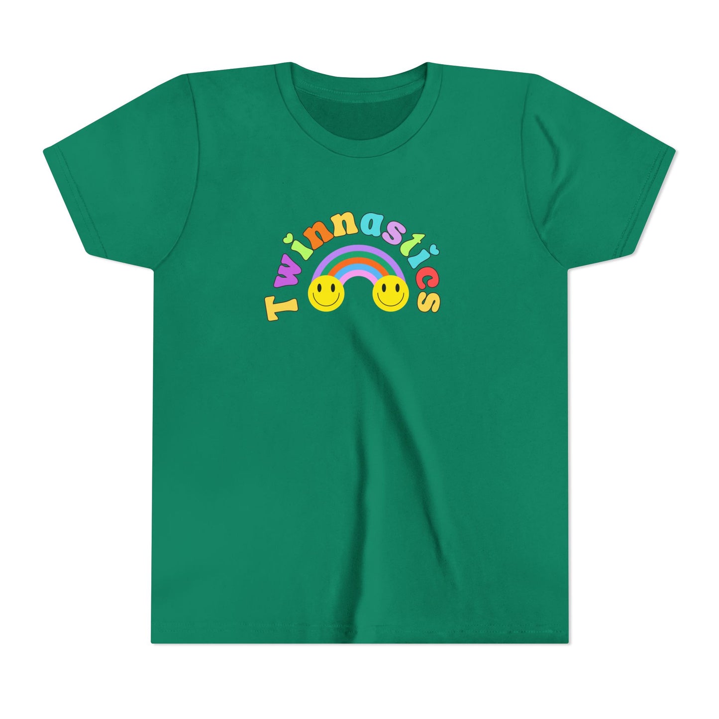 Twin Gymnastics Tee- Front and Back Retro Smiley Face Designs — 'Twinning is Winning' Rainbow