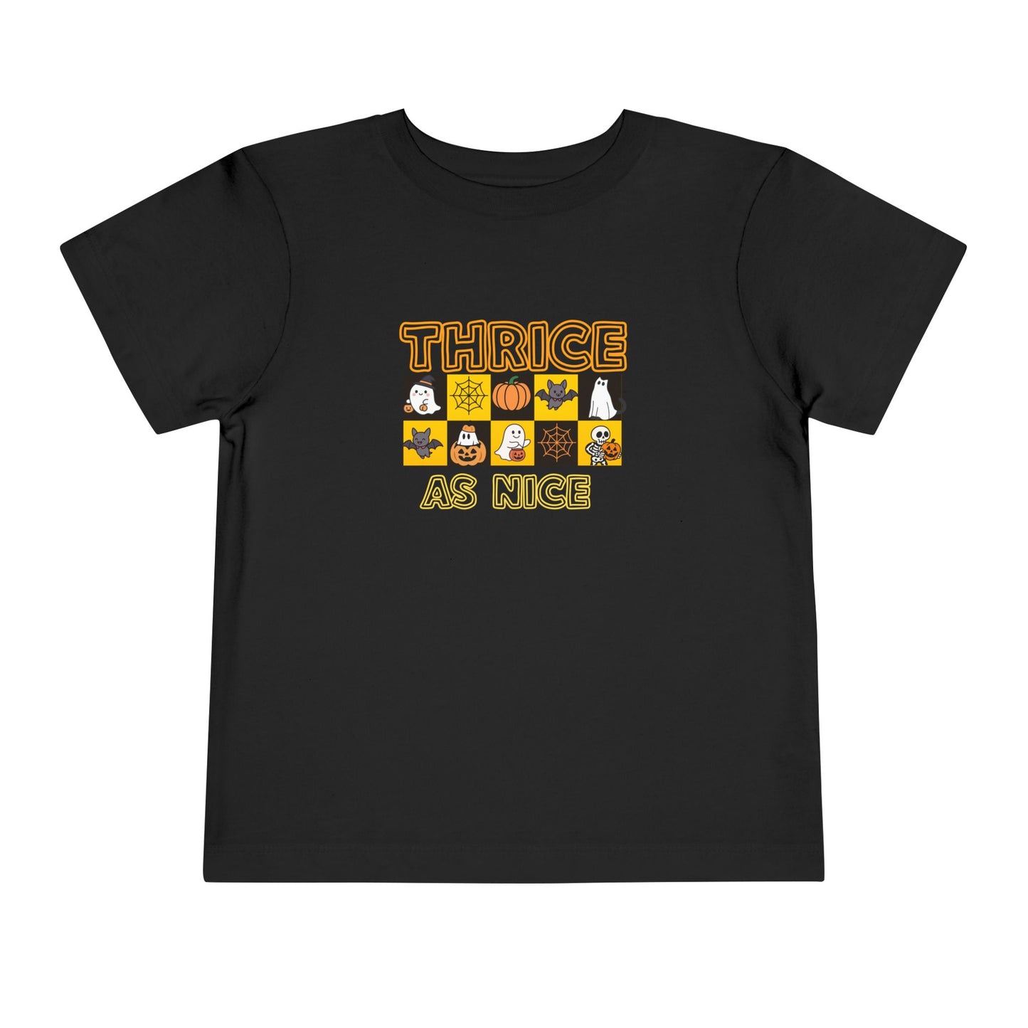 Triplet Halloween Matching Tee — "Thrice As Nice" Cute Checkerboard Fall Graphic (2 to 5 years)