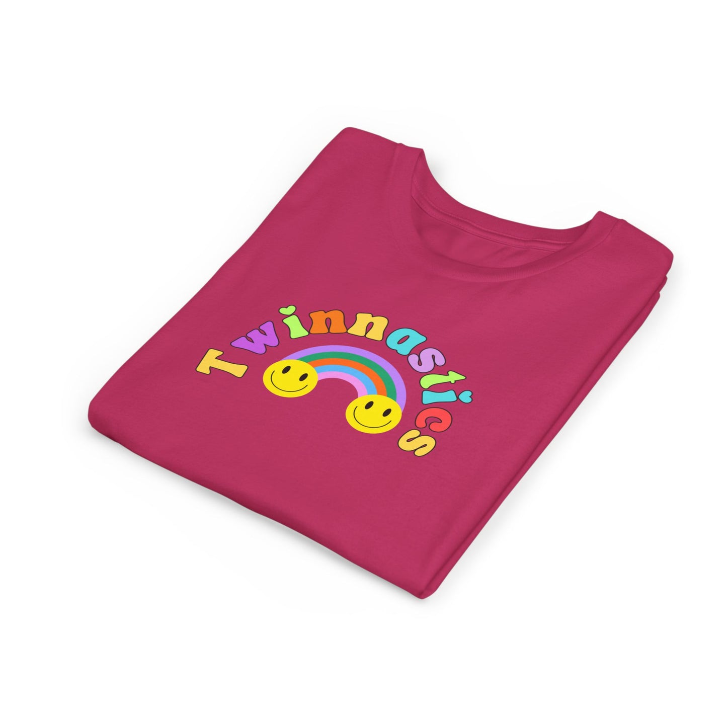 Twin Gymnastics Tee- Front and Back Retro Smiley Face Designs — 'Twinning is Winning' Rainbow
