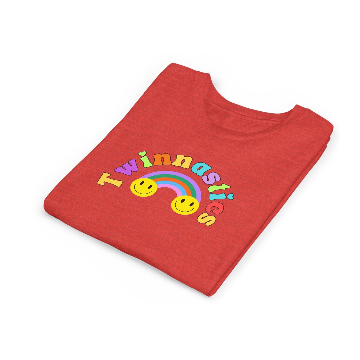 Twin Gymnastics Tee- Front and Back Retro Smiley Face Designs — 'Twinning is Winning' Rainbow