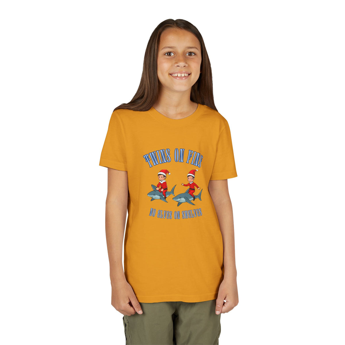 Twins on Fins- Shark Graphic Shirt- Elves on Shelves Parody