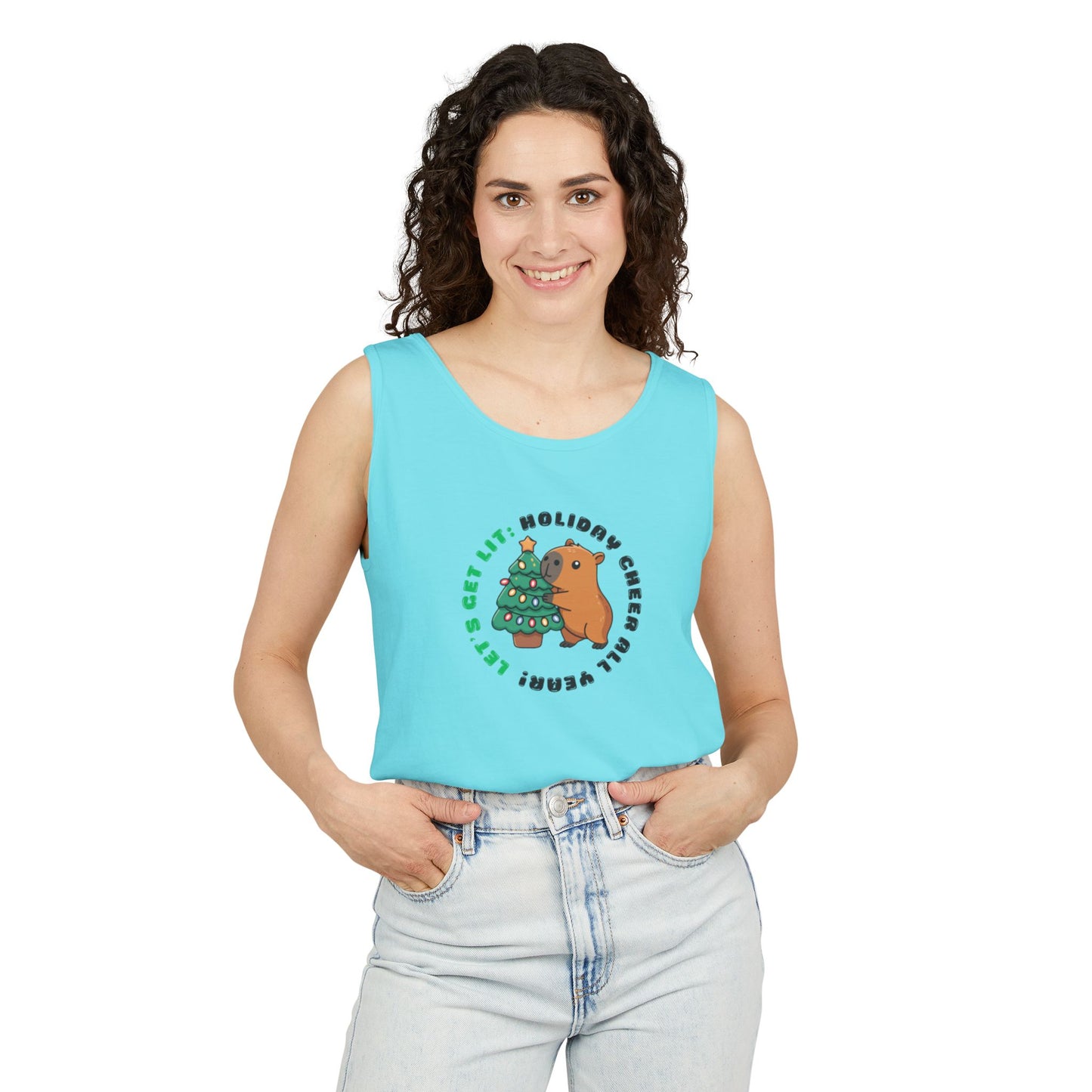 Unisex Holiday Cheer Tank Top — "Get Lit" Christmas Tree & Capybara Graphic