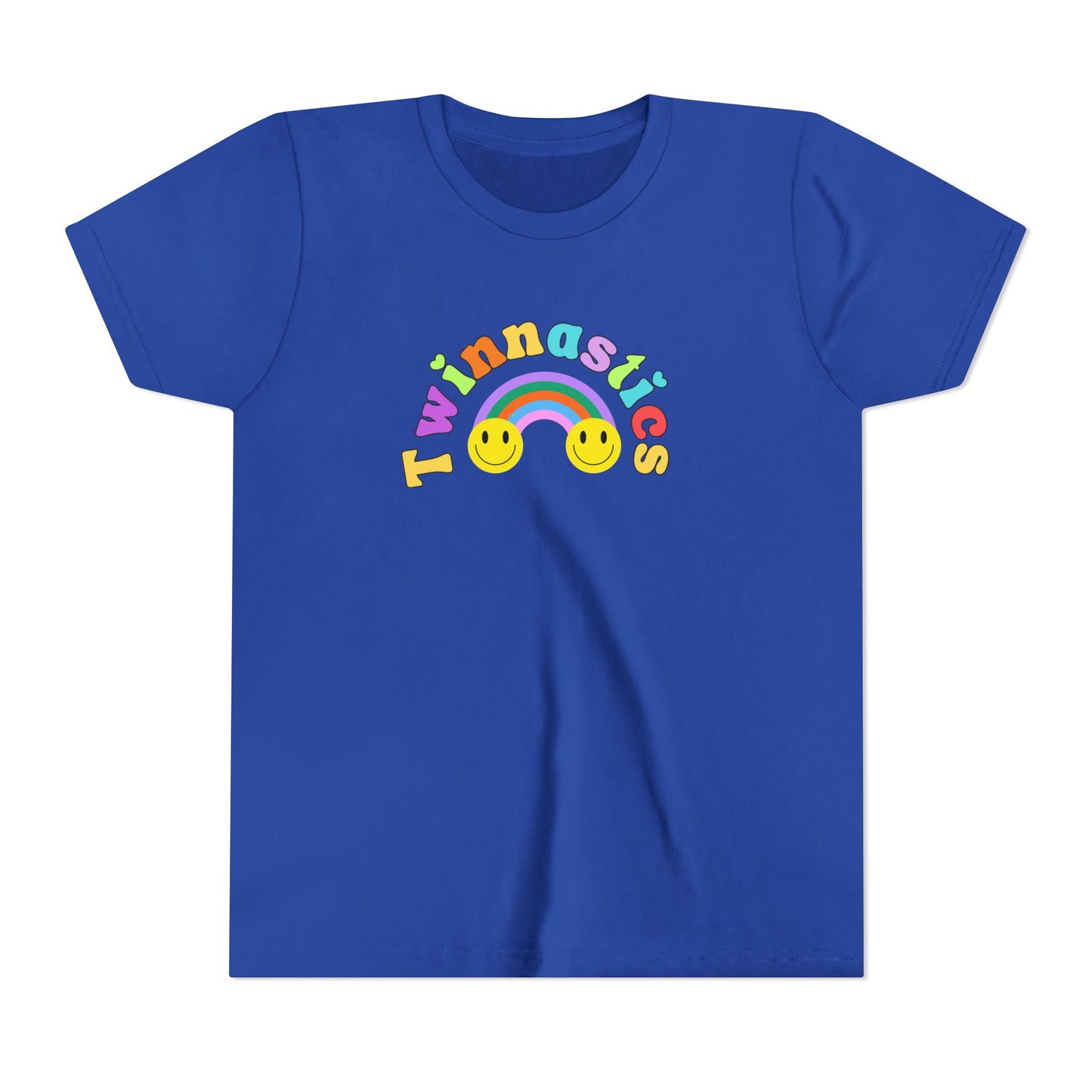 Twin Gymnastics Tee- Front and Back Retro Smiley Face Designs — 'Twinning is Winning' Rainbow