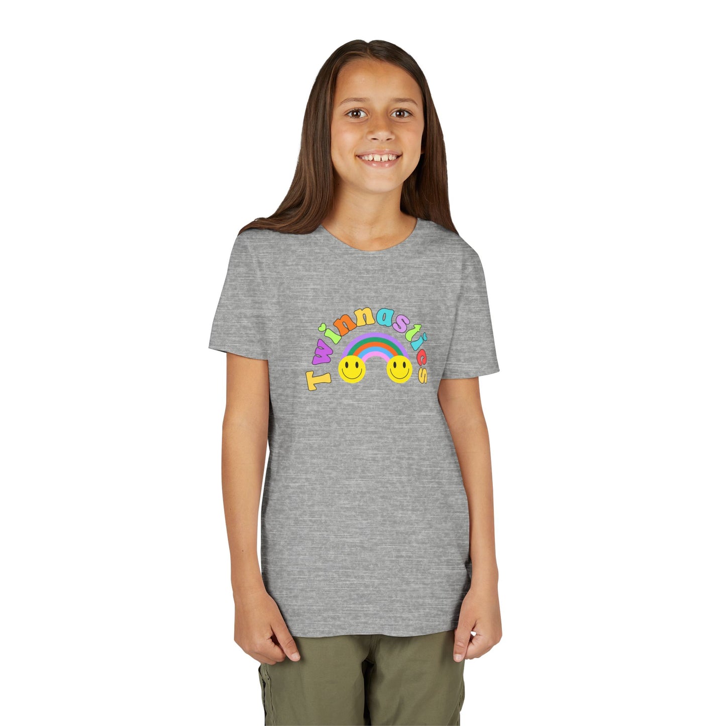 Twin Gymnastics Tee- Front and Back Retro Smiley Face Designs — 'Twinning is Winning' Rainbow