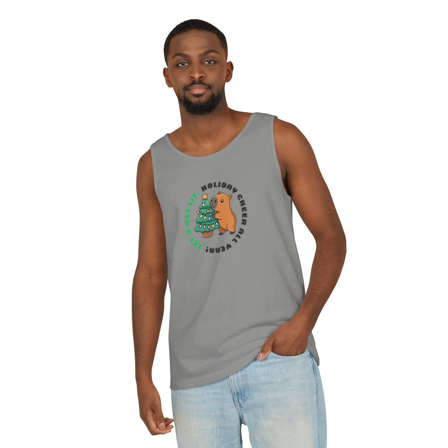 Unisex Holiday Cheer Tank Top — "Get Lit" Christmas Tree & Capybara Graphic
