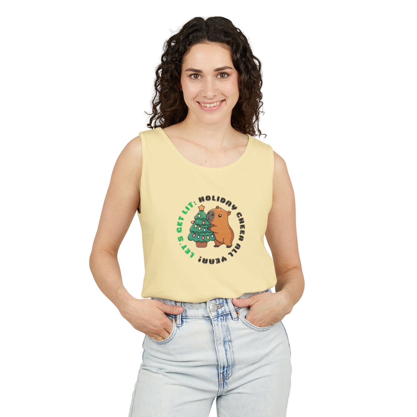 Unisex Holiday Cheer Tank Top — "Get Lit" Christmas Tree & Capybara Graphic